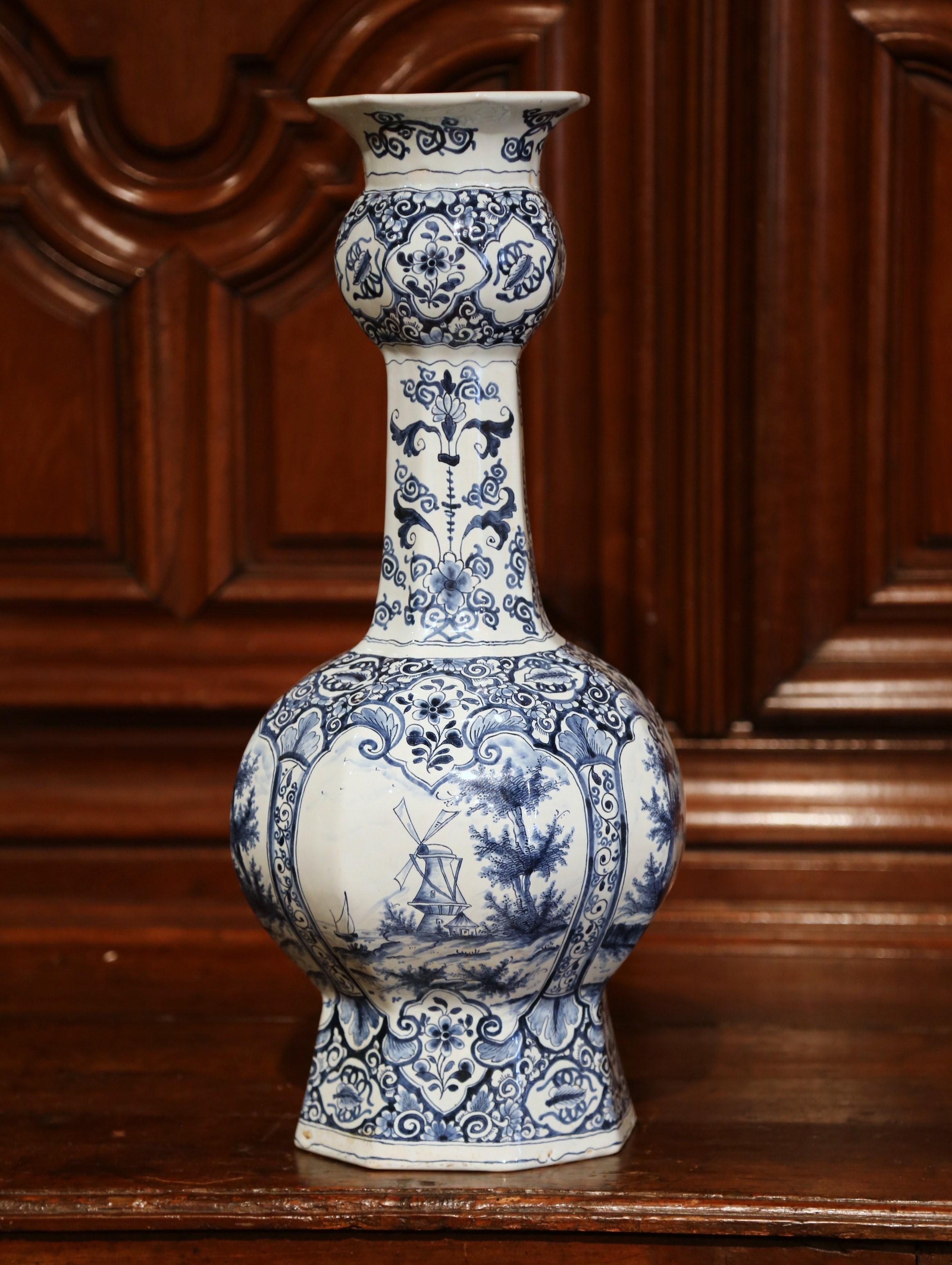 Faience 19th Century Dutch Blue and White Delft Vase with Courting and Windmill Scenes