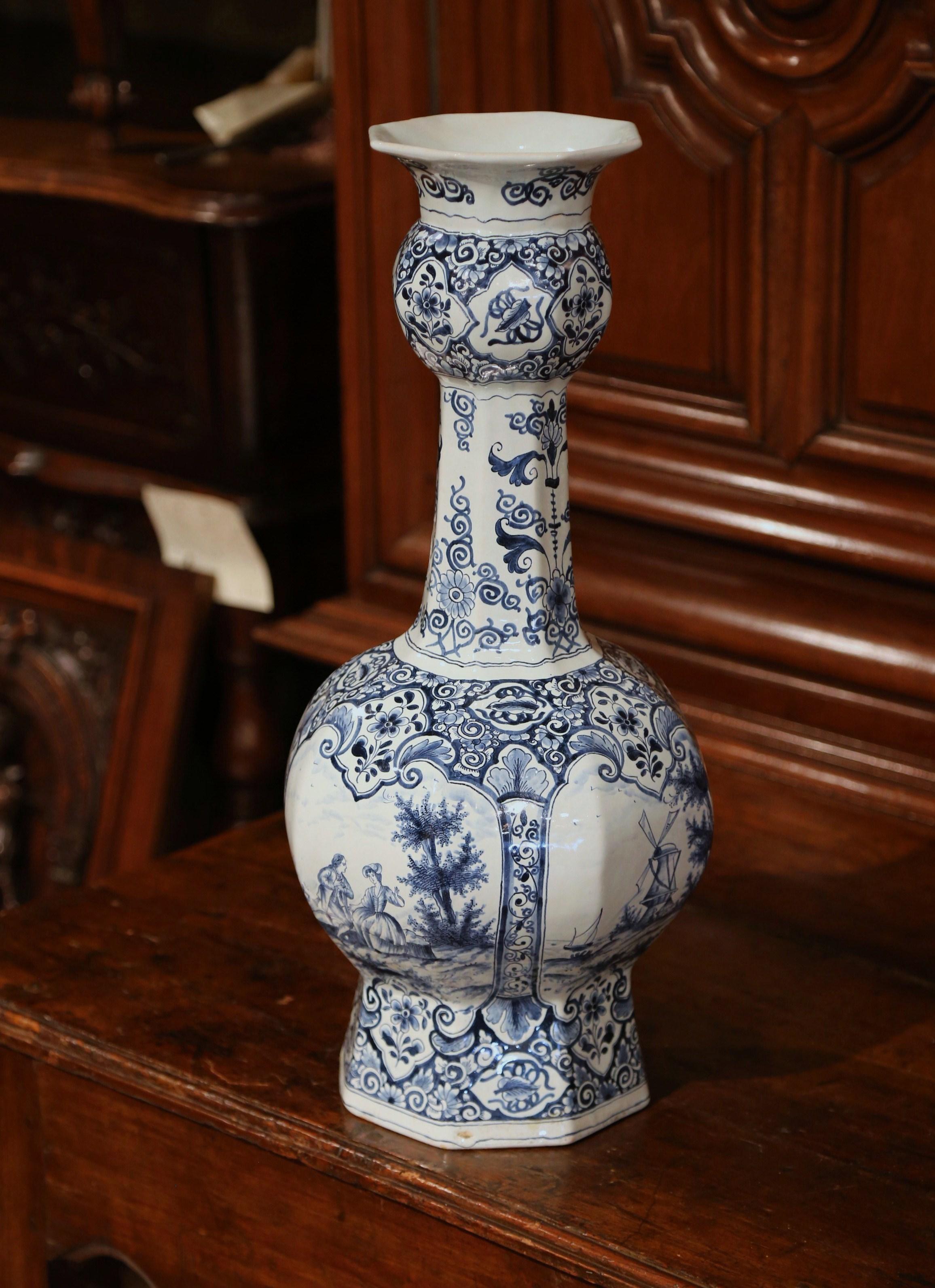 19th Century Dutch Blue and White Delft Vase with Courting and Windmill Scenes 1