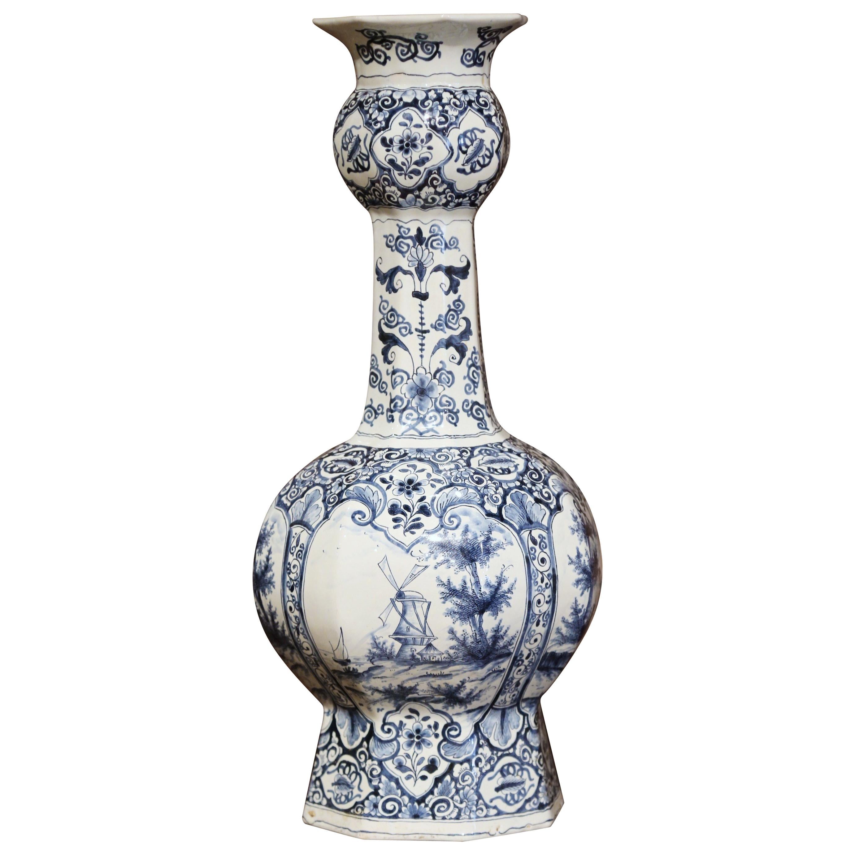19th Century Dutch Blue and White Delft Vase with Courting and Windmill Scenes