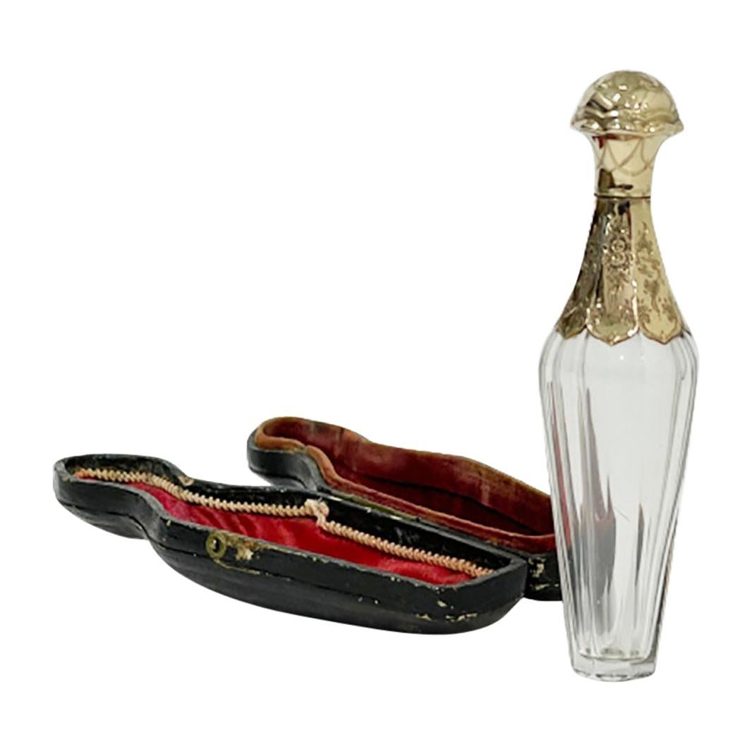 Flacon de senteur ou de parfum hollandais du 19e siècle en cristal et or dans un coffret