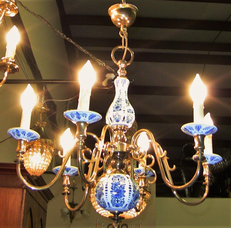 19th Century Dutch Brass With Blue And White Delft Pottery Chandelier