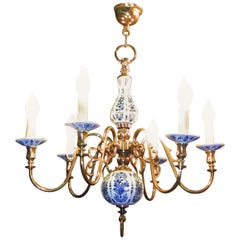 Antique 19th Century Dutch Brass with Blue and White Delft Pottery Chandelier