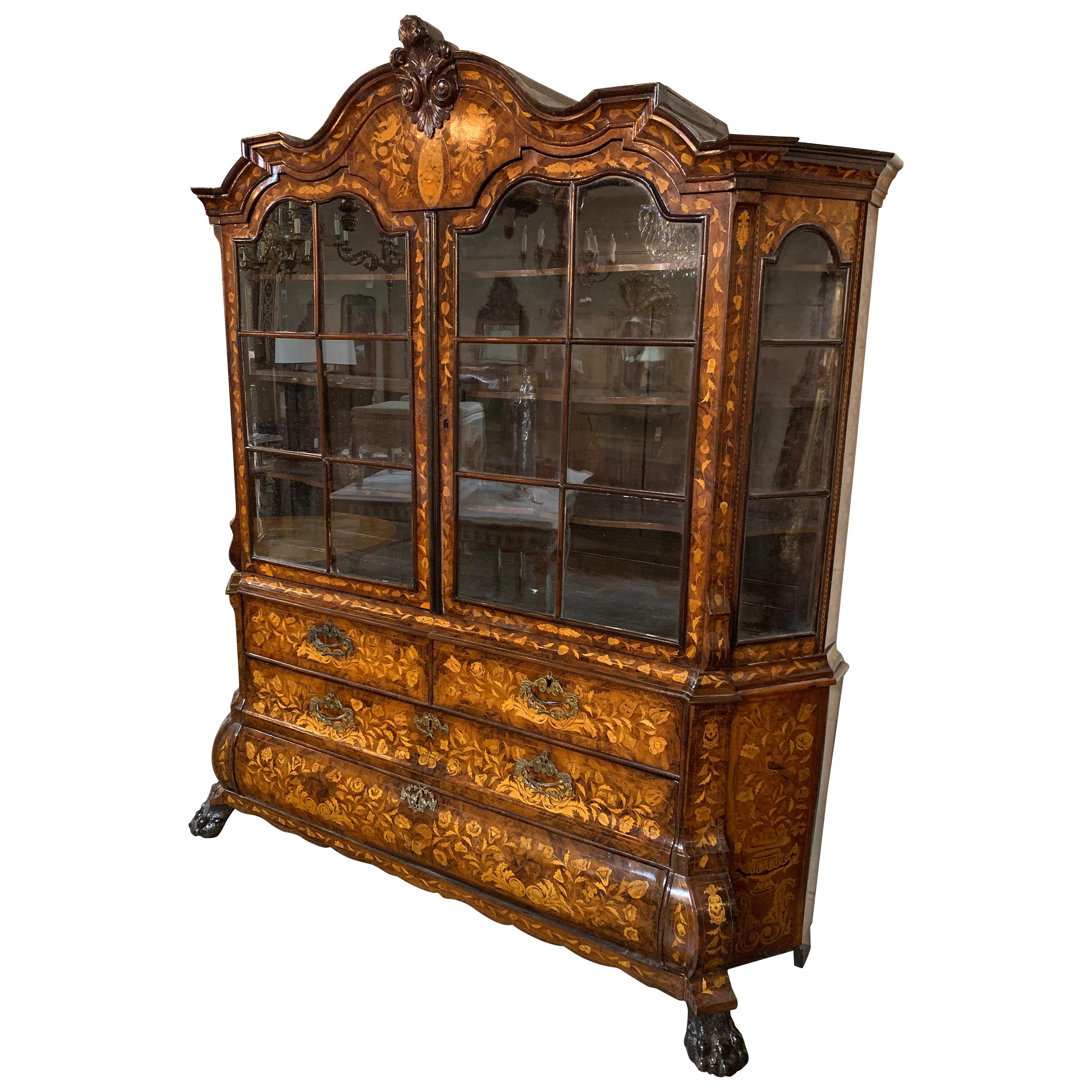 19th Century Dutch Carved Mahogany Display Cabinet with Marquetry Inlay