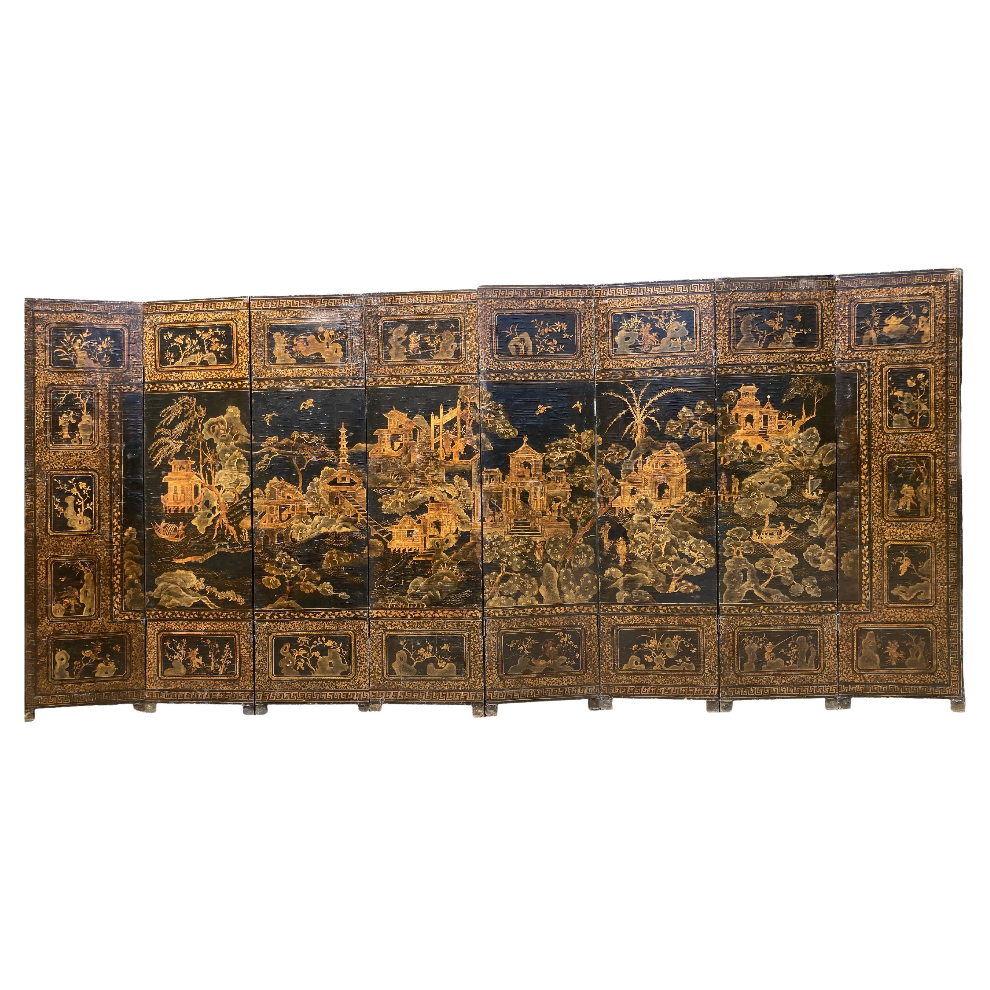 19th Century Dutch Chinese Export Eight-panel Black and Gold Lacquerware Screen For Sale