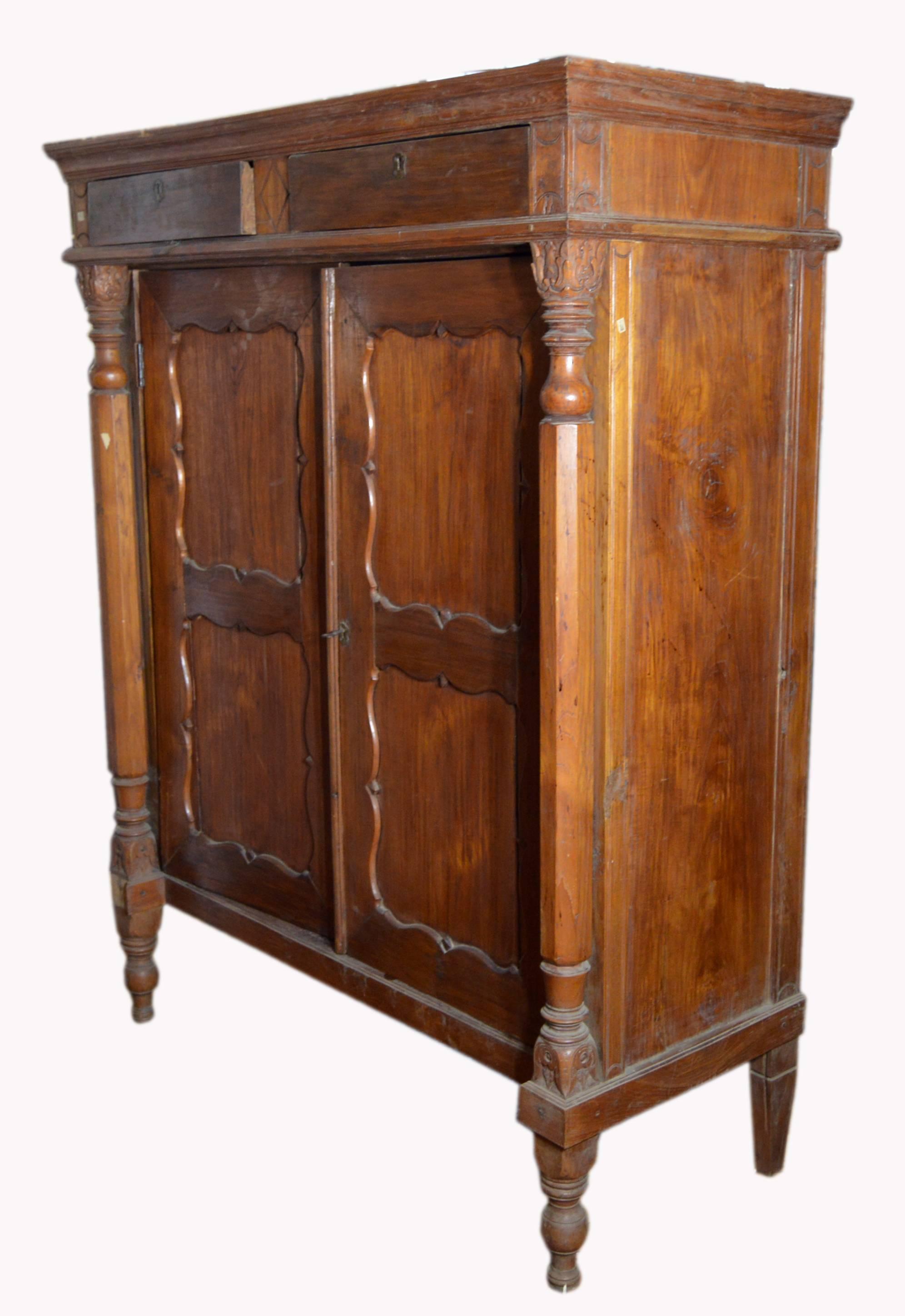 Wood 19th Century Dutch Colonial Lacquered Armoire with Columns and Paneled Doors