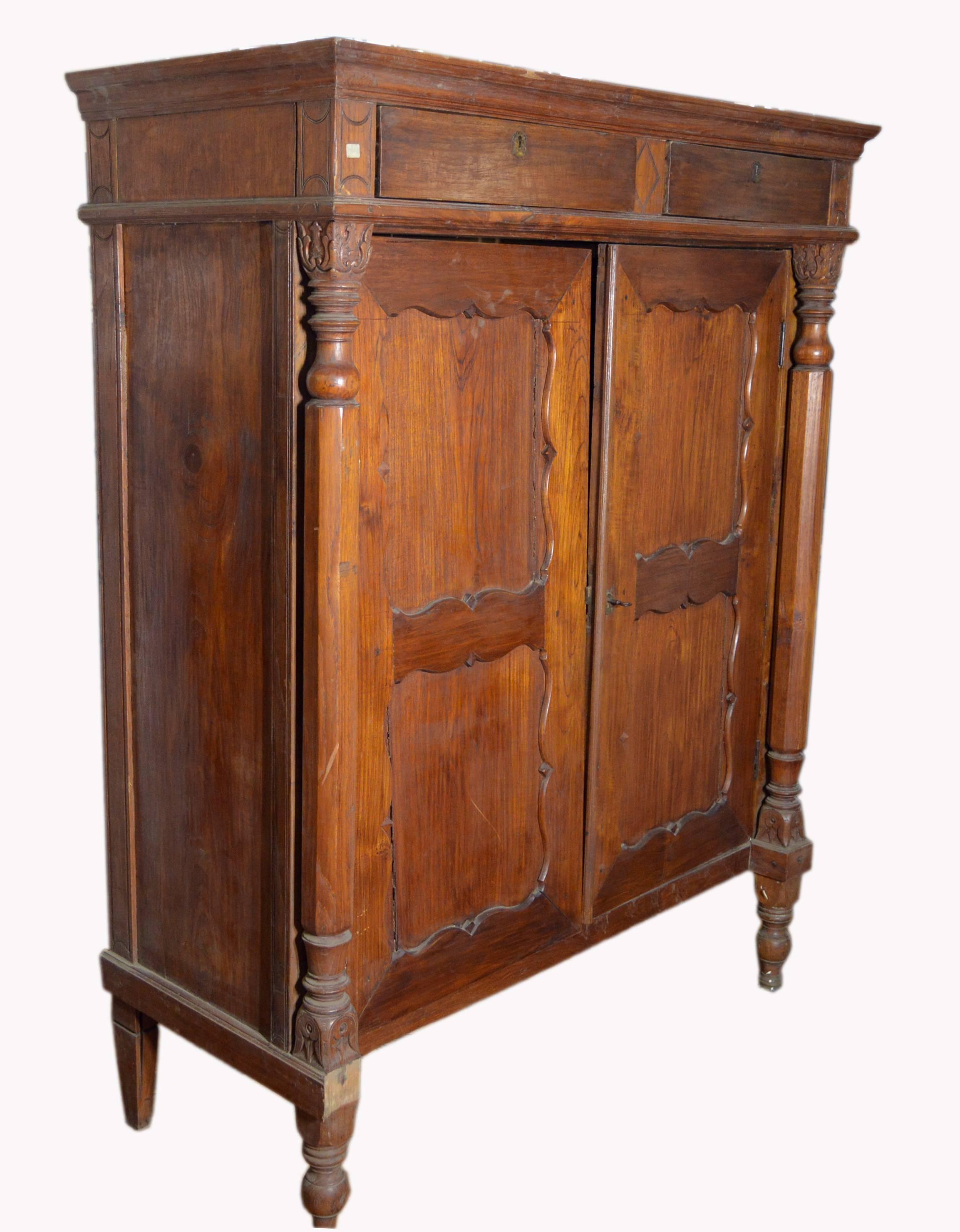 19th Century Dutch Colonial Lacquered Armoire with Columns and Paneled Doors 1