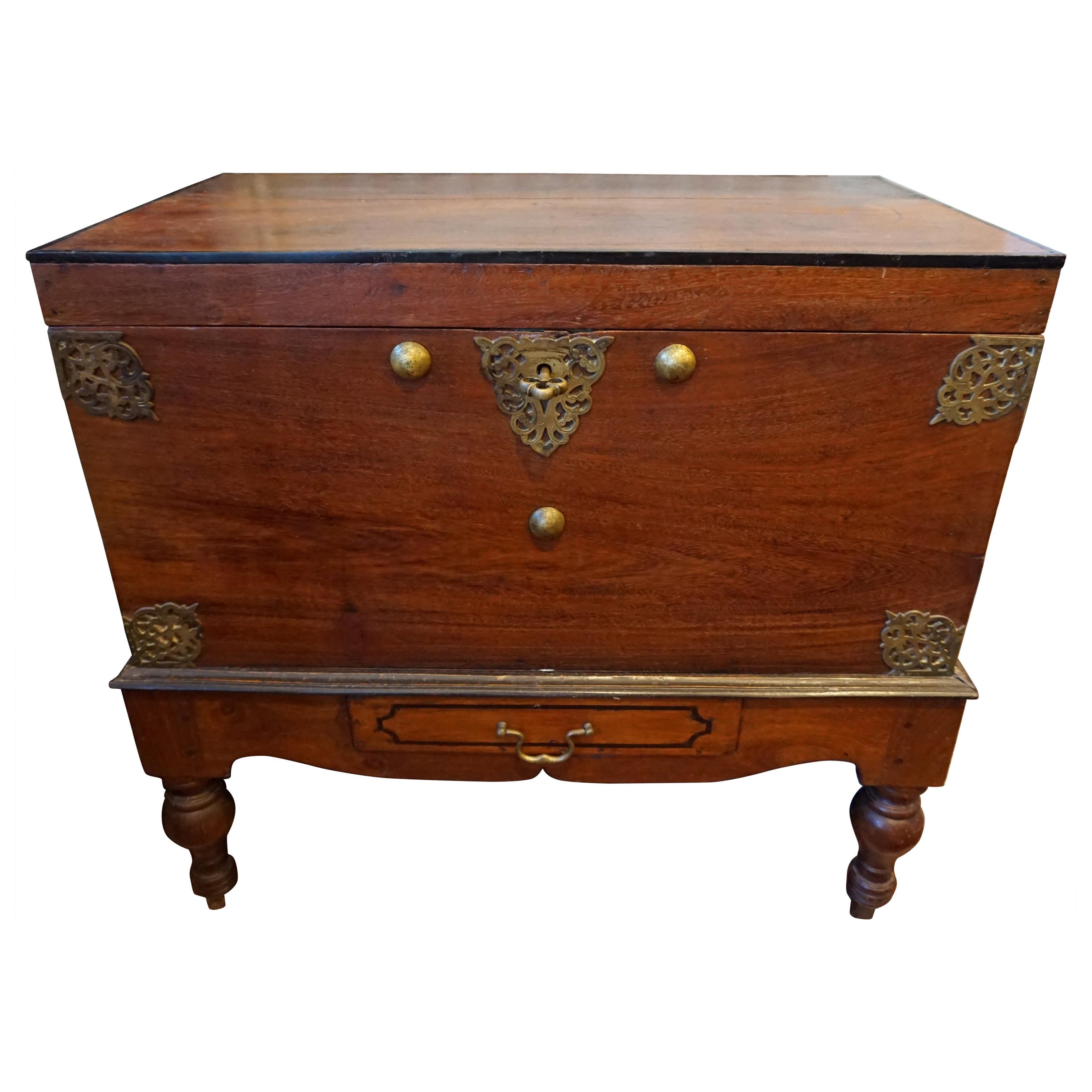 19th Century Dutch Colonial Mahogany Chest on Stand with Brass Hardware and Key For Sale
