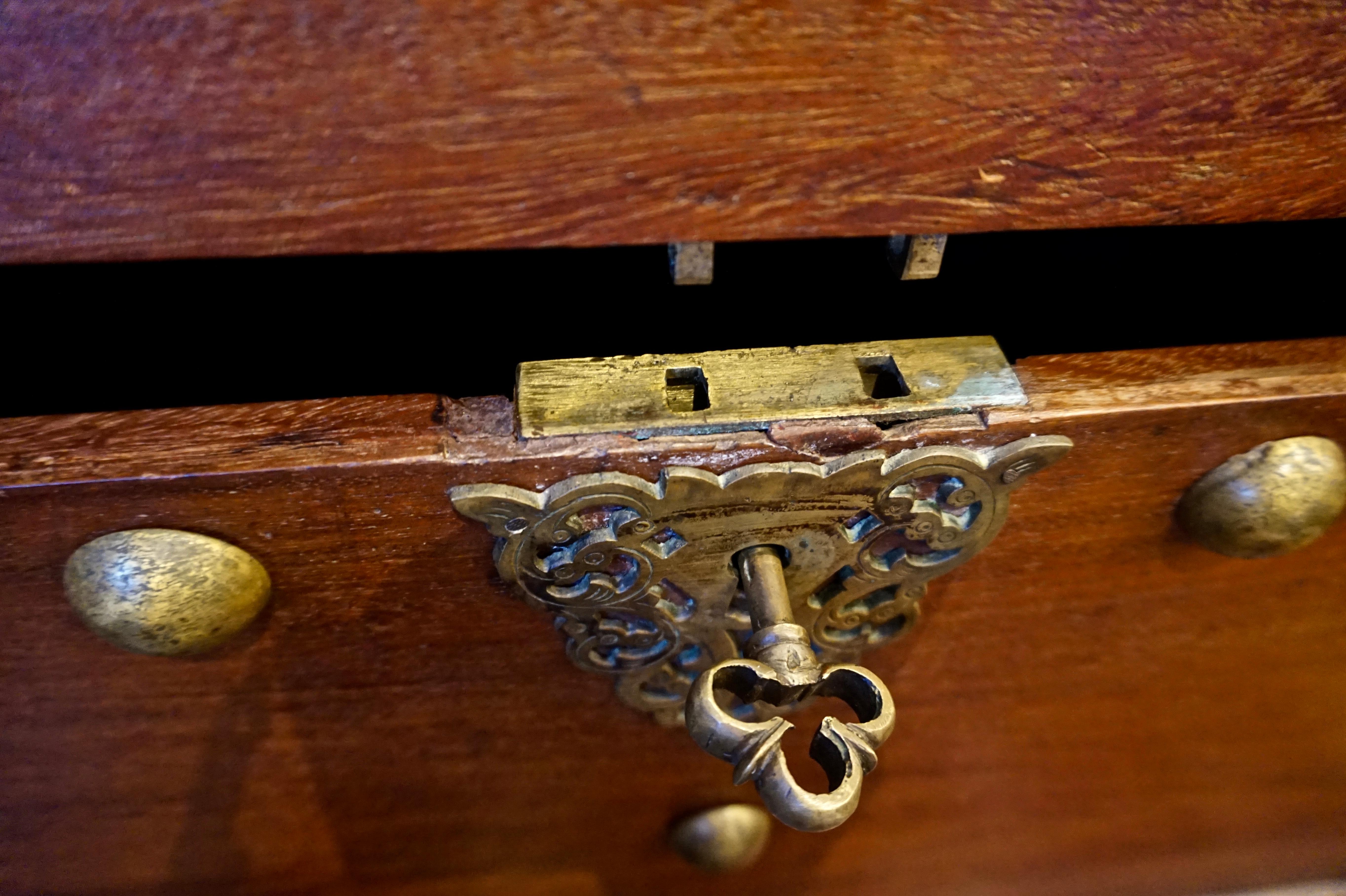 19th Century Dutch Colonial Mahogany Chest on Stand with Brass Hardware and Key For Sale 1