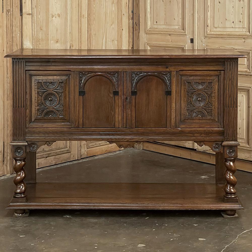 19th century Dutch colonial neoclassical raised buffet ~ cabinet is an interesting variation on the buffet ~ server concept. The design puts the entire contents of the cabinet within easy arm's reach, plus provides a full width display shelf at the