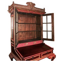 19th Century Dutch Colonial Secretary with Carved Wood and Glass Doors