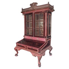 19th Century Dutch Colonial Secretary with Carved Wood and Glass Doors