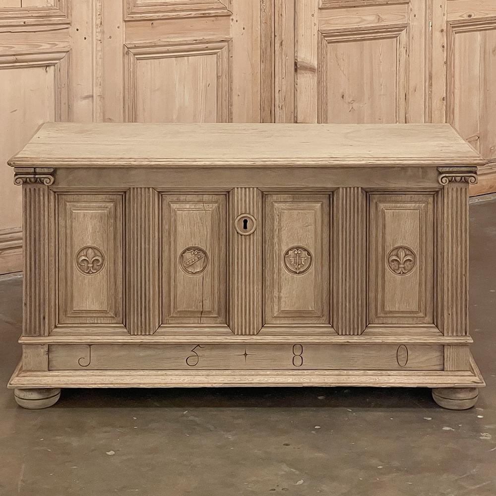 19th Century Dutch colonial trunk was hand-crafted from seasoned, old-growth white oak to last for centuries! A neoclassical architecture was employed, including Doric capitals atop the fluted corner columns. Fluted pilasters alternate across the