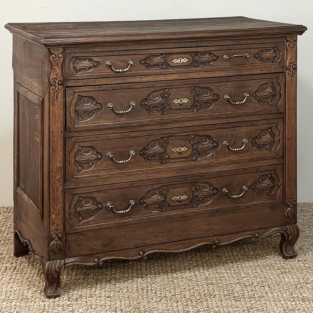 19th Century Dutch Country French Commode ~ Chest of Drawers is a handsome piece, indeed, hand-crafted from old-growth quarter-sawn oak to literally last for decade after decade.  The solid plank top features a bullnose style edge, with reverse cove