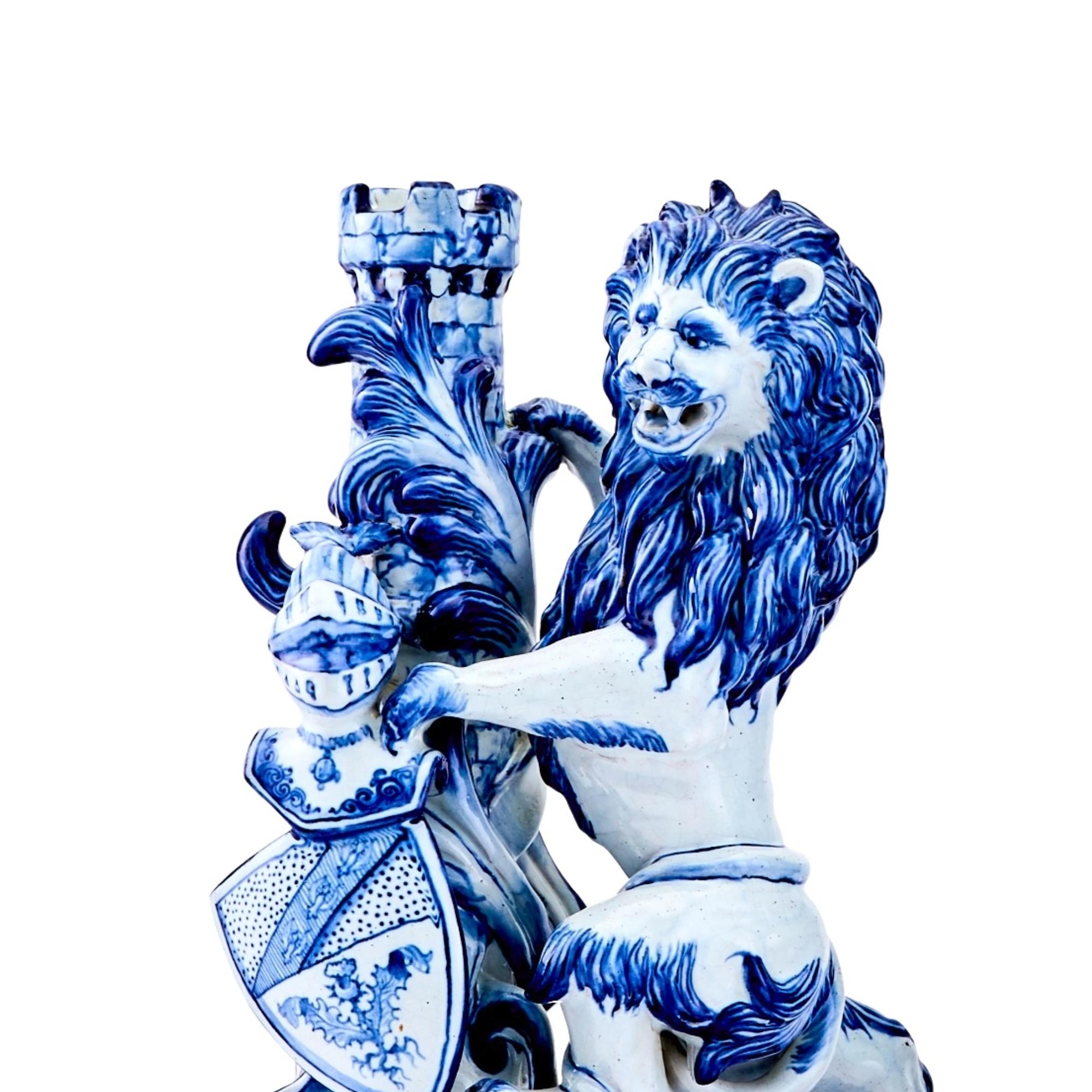 Glazed 19th Century Dutch Delft Blue / White Lion Sculpture Decorative Piece For Sale