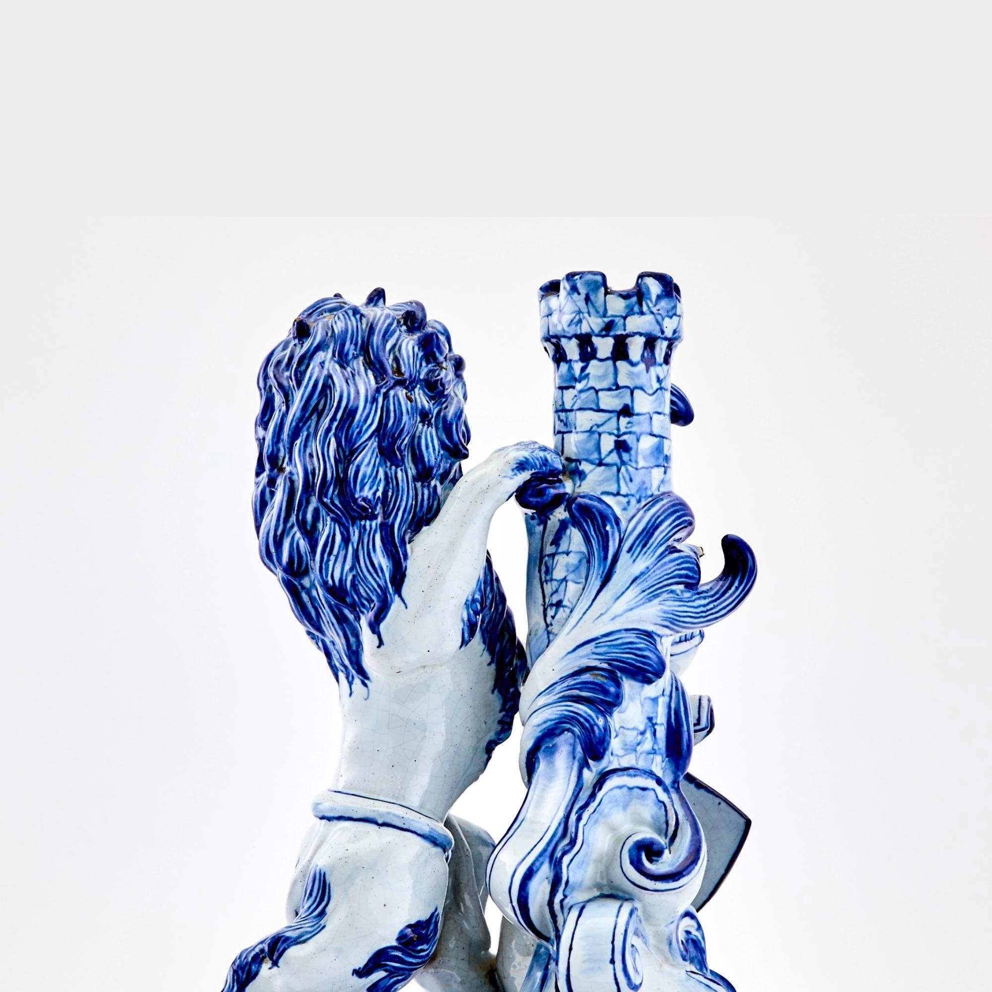 Early 19th Century 19th Century Dutch Delft Blue / White Lion Sculpture Decorative Piece For Sale