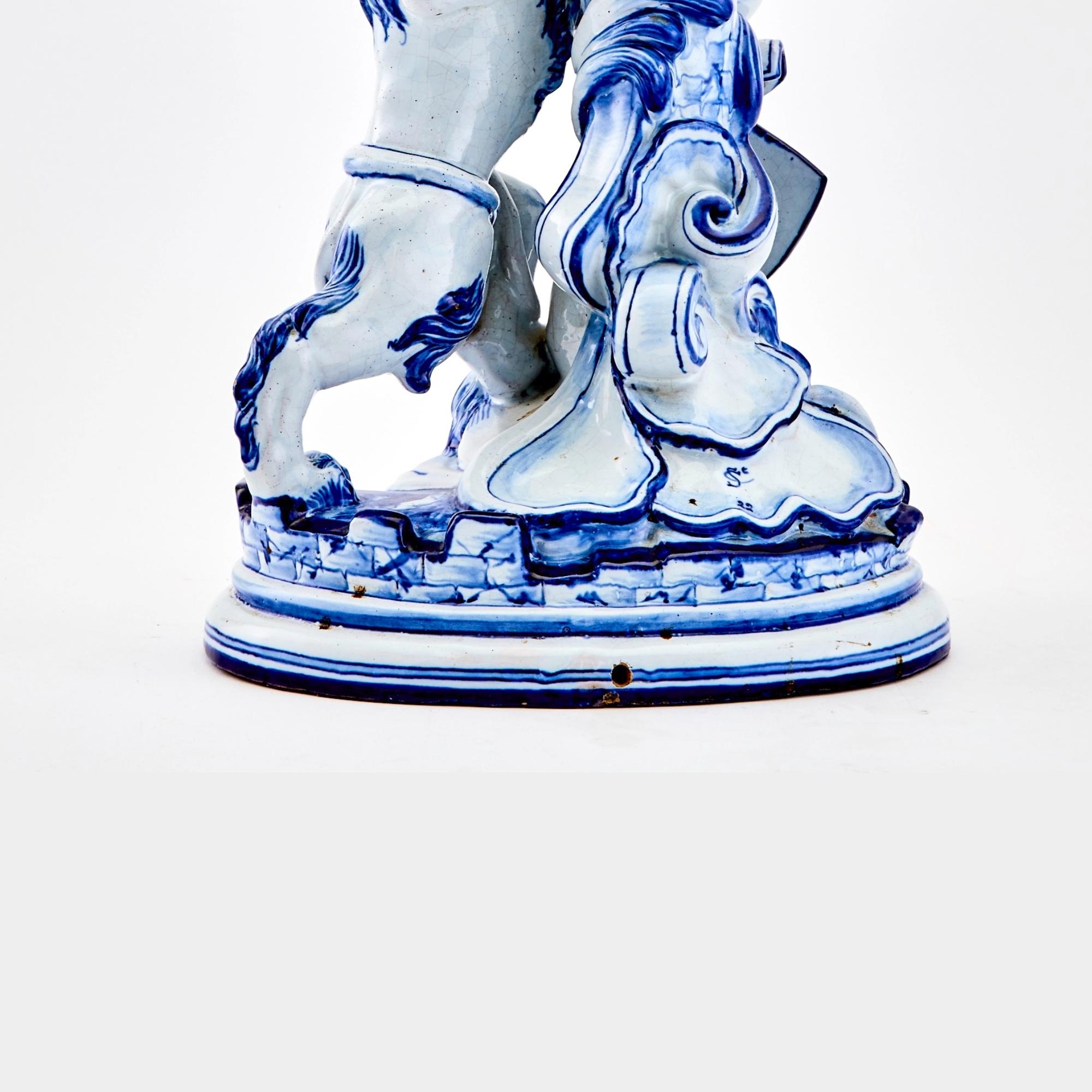 Ceramic 19th Century Dutch Delft Blue / White Lion Sculpture Decorative Piece For Sale