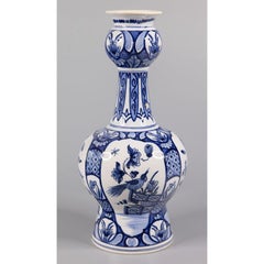 19th Century Dutch Delft Faience Bird Floral Knobble Vase