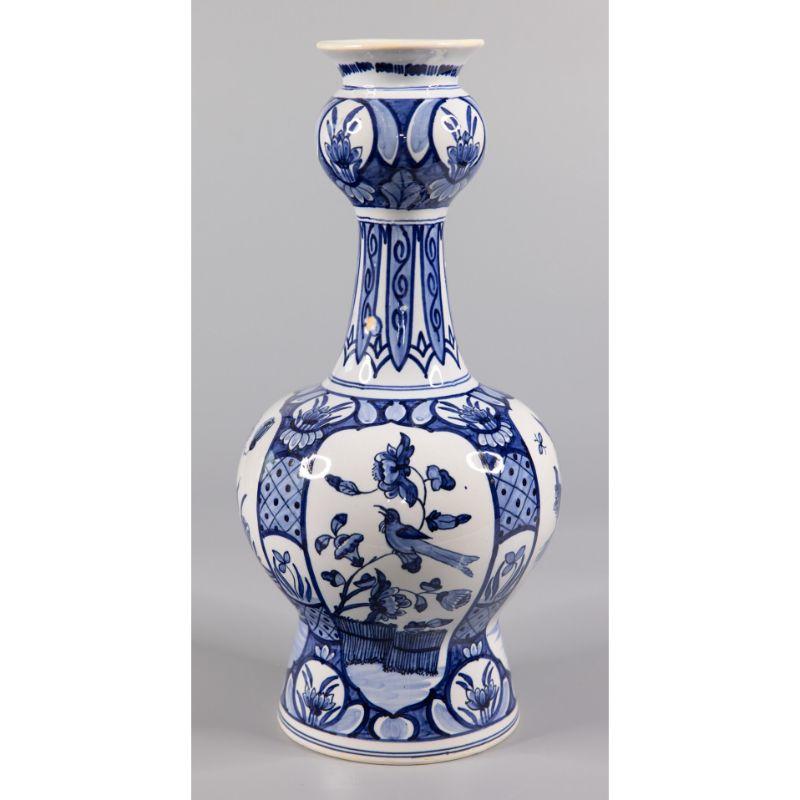Hand-Painted 19th Century Dutch Delft Faience Bird Floral Knobble Vase For Sale