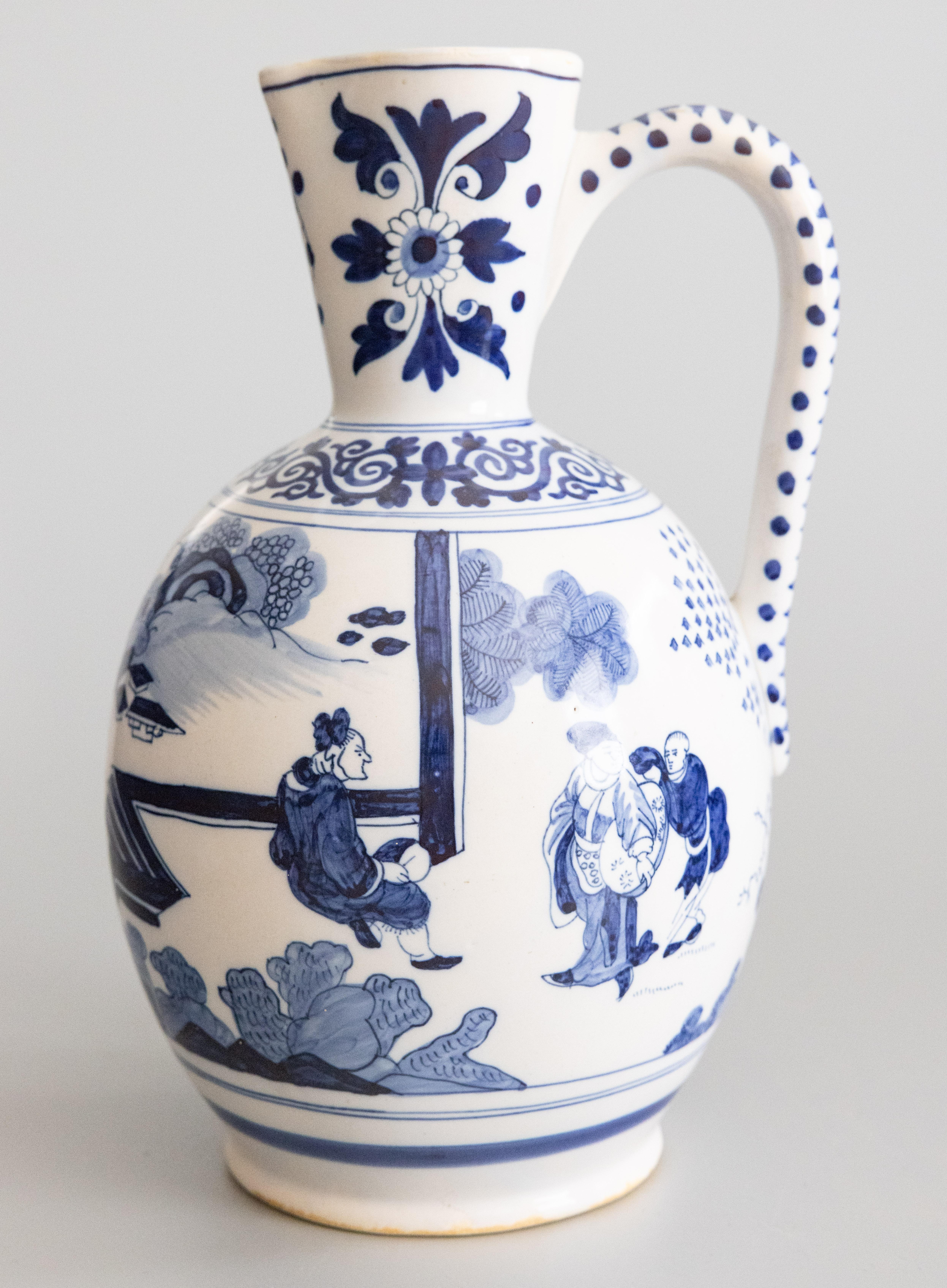 19th Century Dutch Delft Faience Chinoiserie Pitcher Ewer With Figures For Sale 5