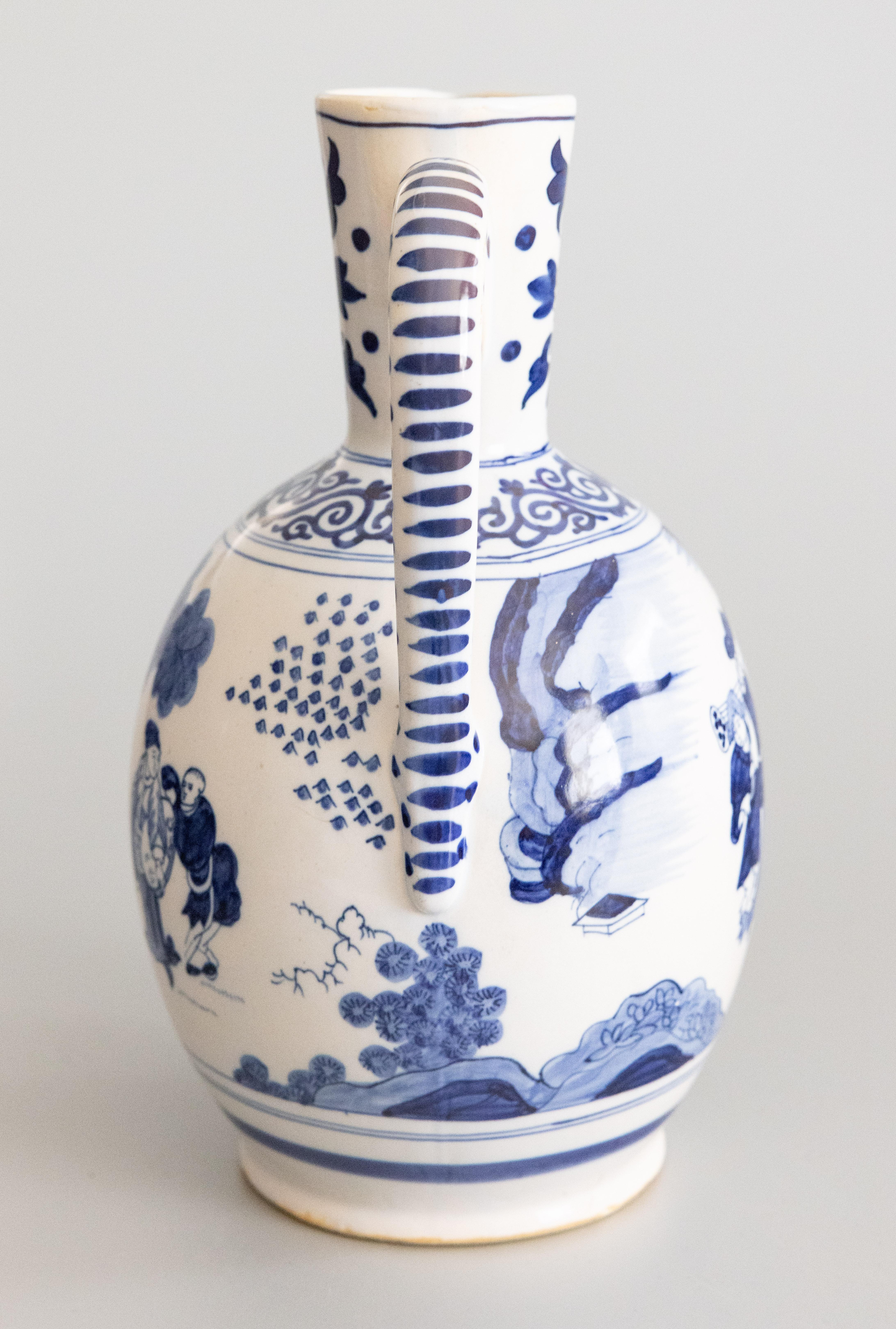 Fired 19th Century Dutch Delft Faience Chinoiserie Pitcher Ewer With Figures For Sale