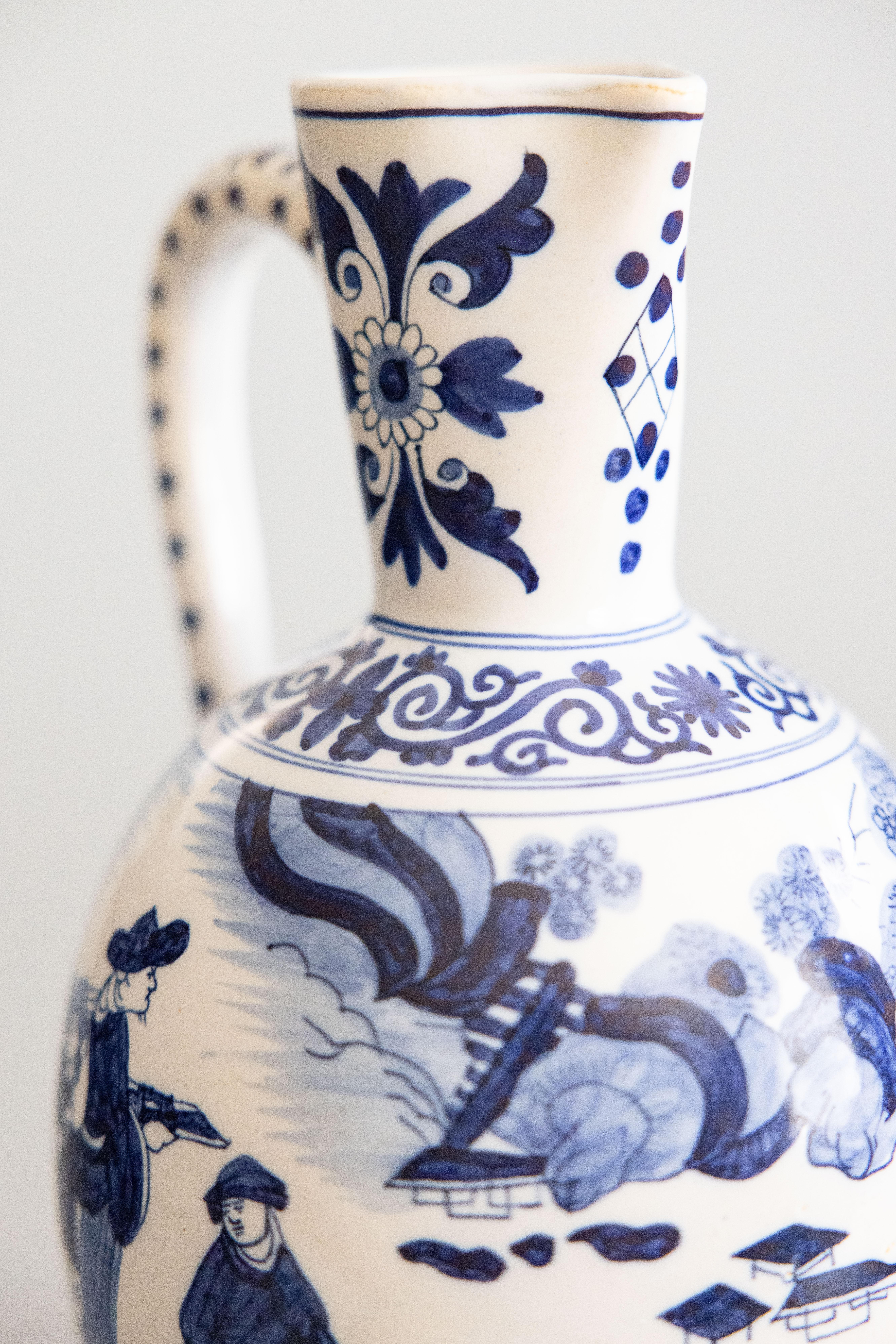 19th Century Dutch Delft Faience Chinoiserie Pitcher Ewer With Figures For Sale 2