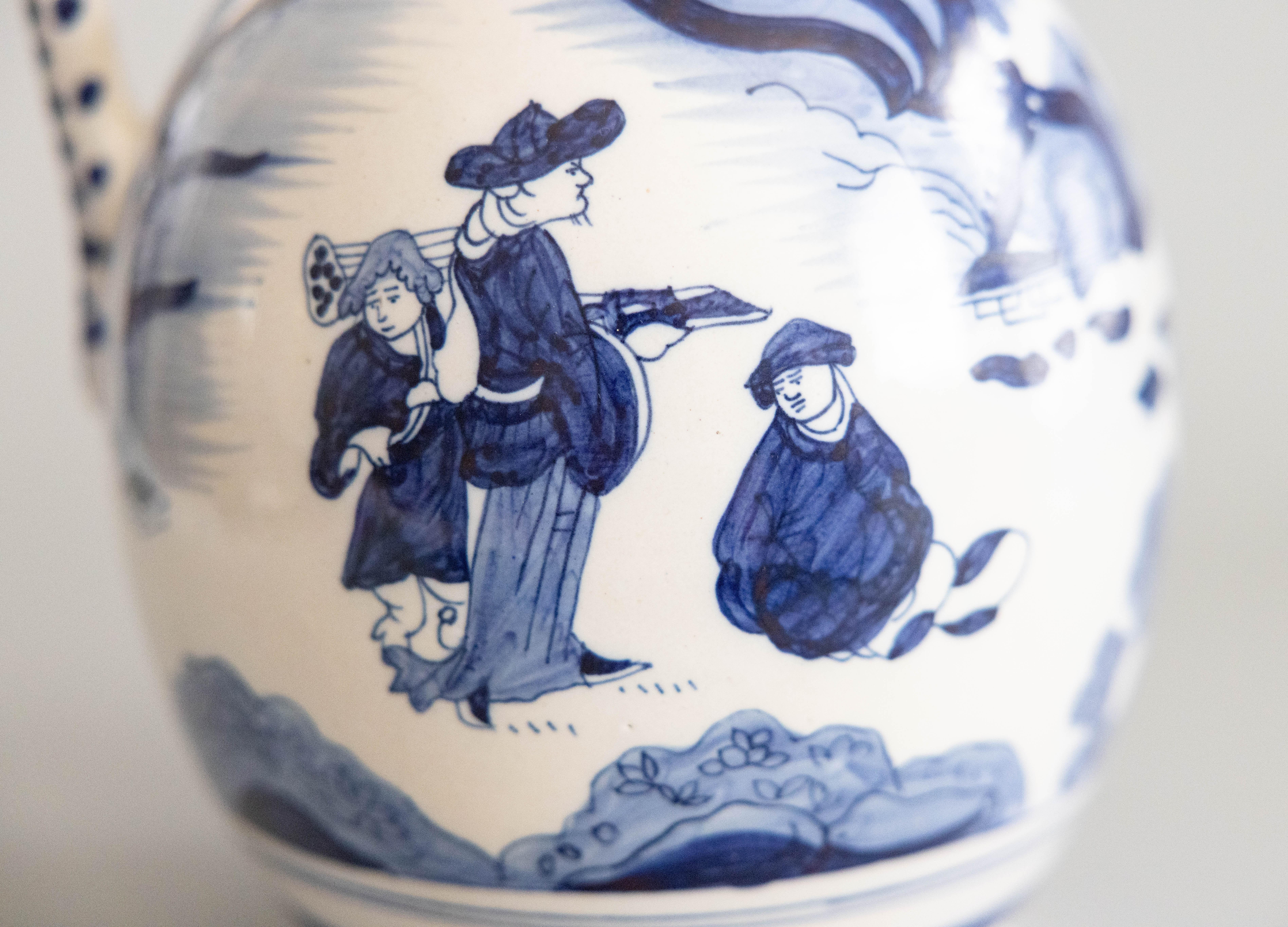 19th Century Dutch Delft Faience Chinoiserie Pitcher Ewer With Figures For Sale 3