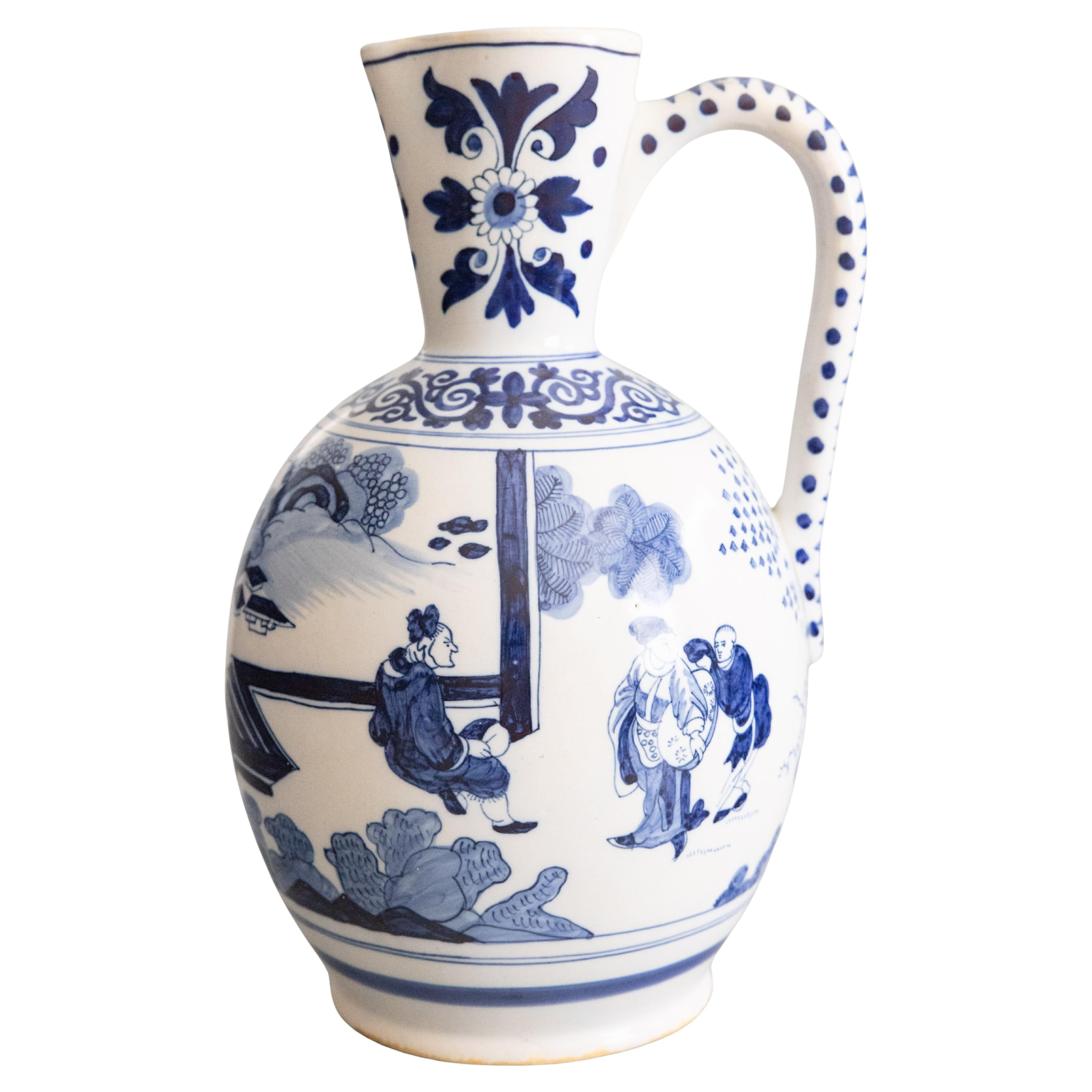 19th Century Dutch Delft Faience Chinoiserie Pitcher Ewer With Figures For Sale