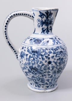 19th Century Dutch Delft Faience Floral Pitcher Wine Jug Ewer