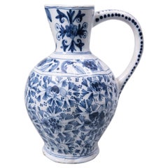 19th Century Dutch Delft Faience Floral Pitcher Wine Jug Ewer