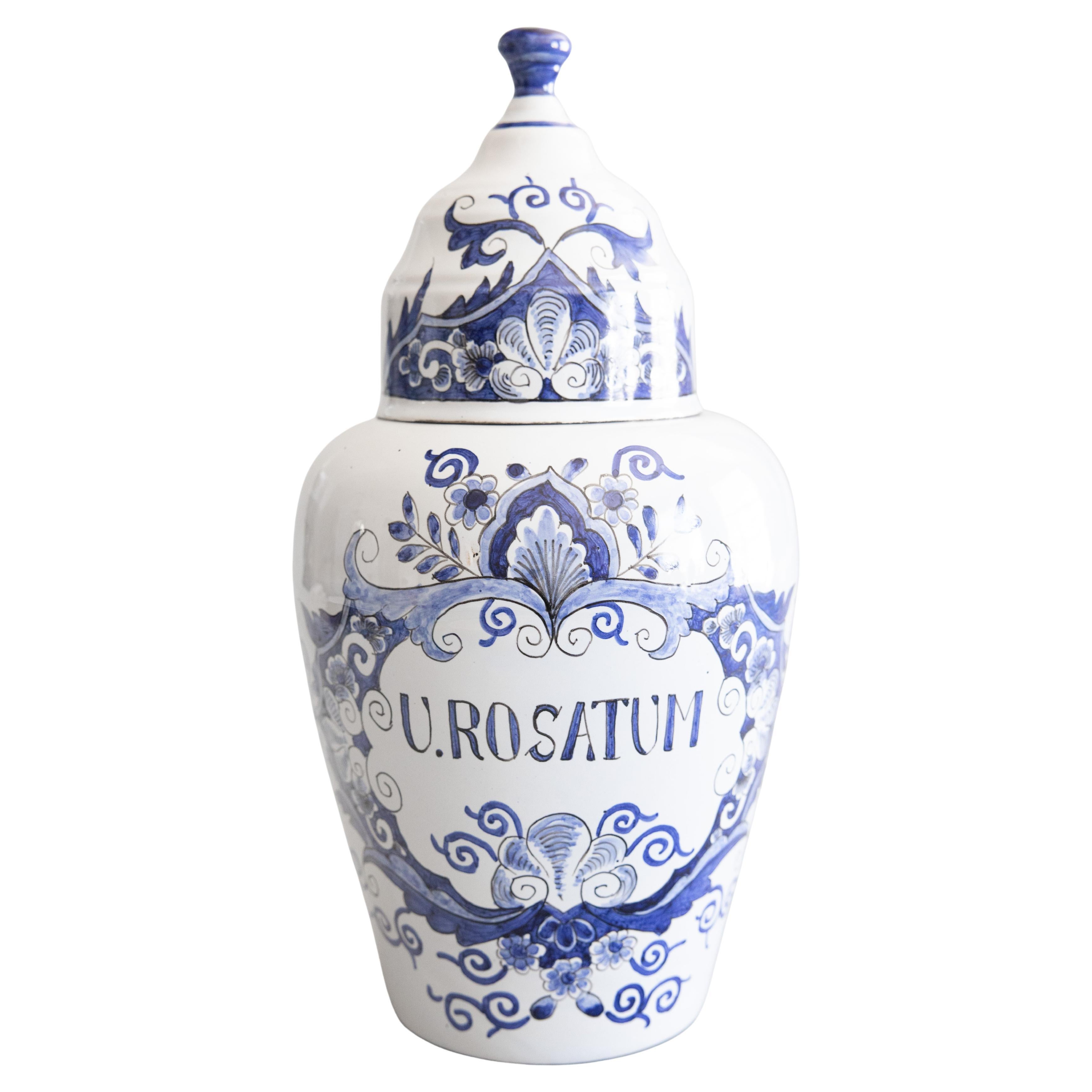19th Century Dutch Delft Faience Lidded Apothecary Jar For Sale