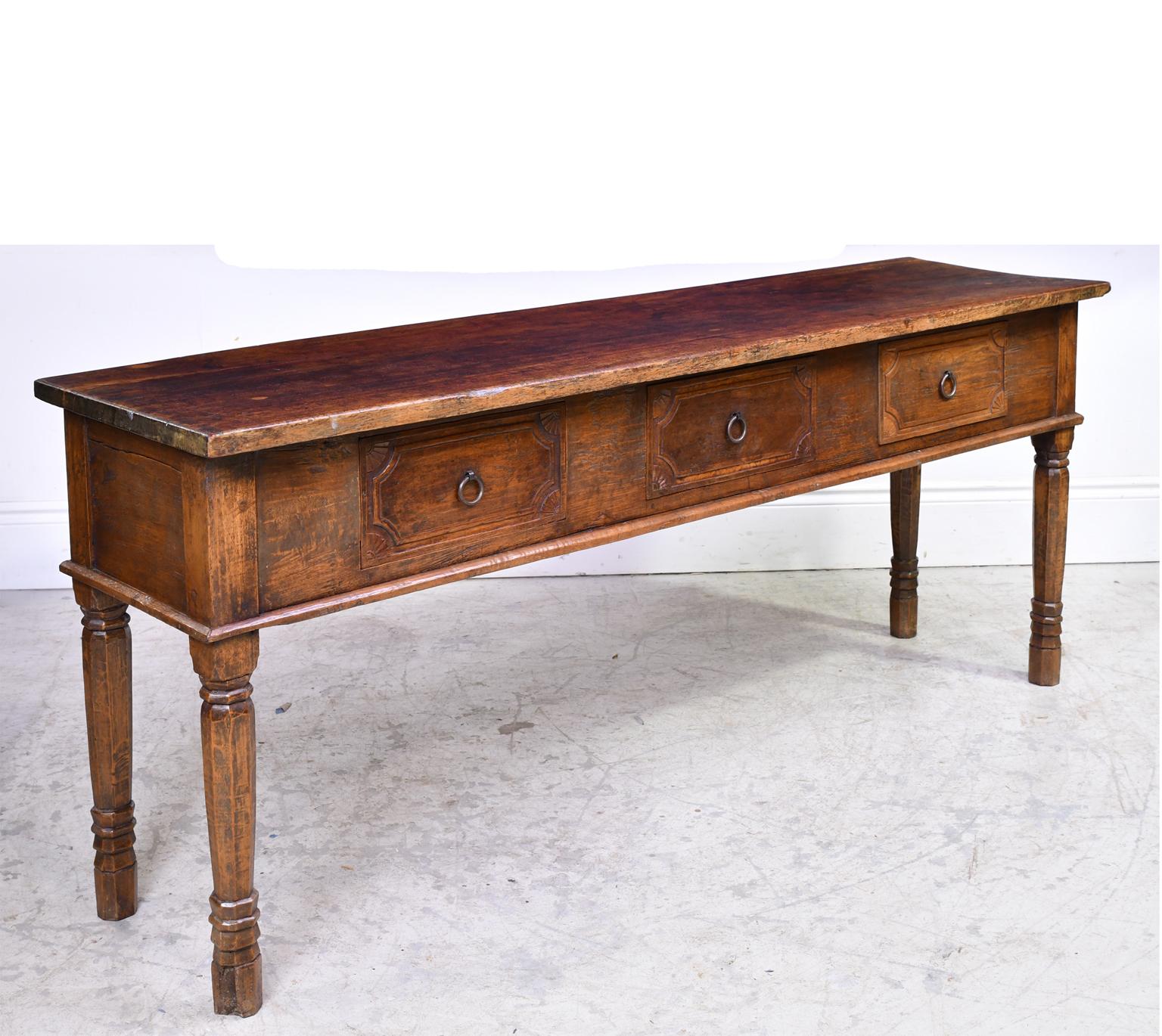 Turned 19th Century Dutch East Indies Farmhouse Table or Sideboard in Teak with Drawers