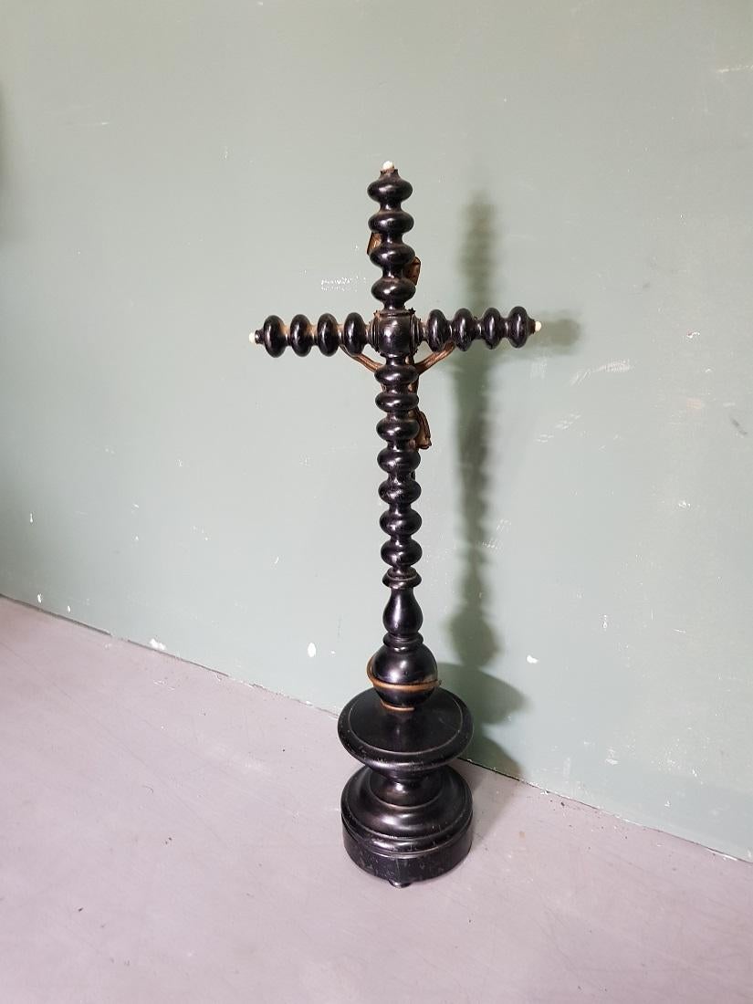 19th Century Dutch Ebonized Wooden Cross with Bronze Christ 1