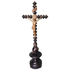 19th Century Dutch Ebonized Wooden Cross with Bronze Christ