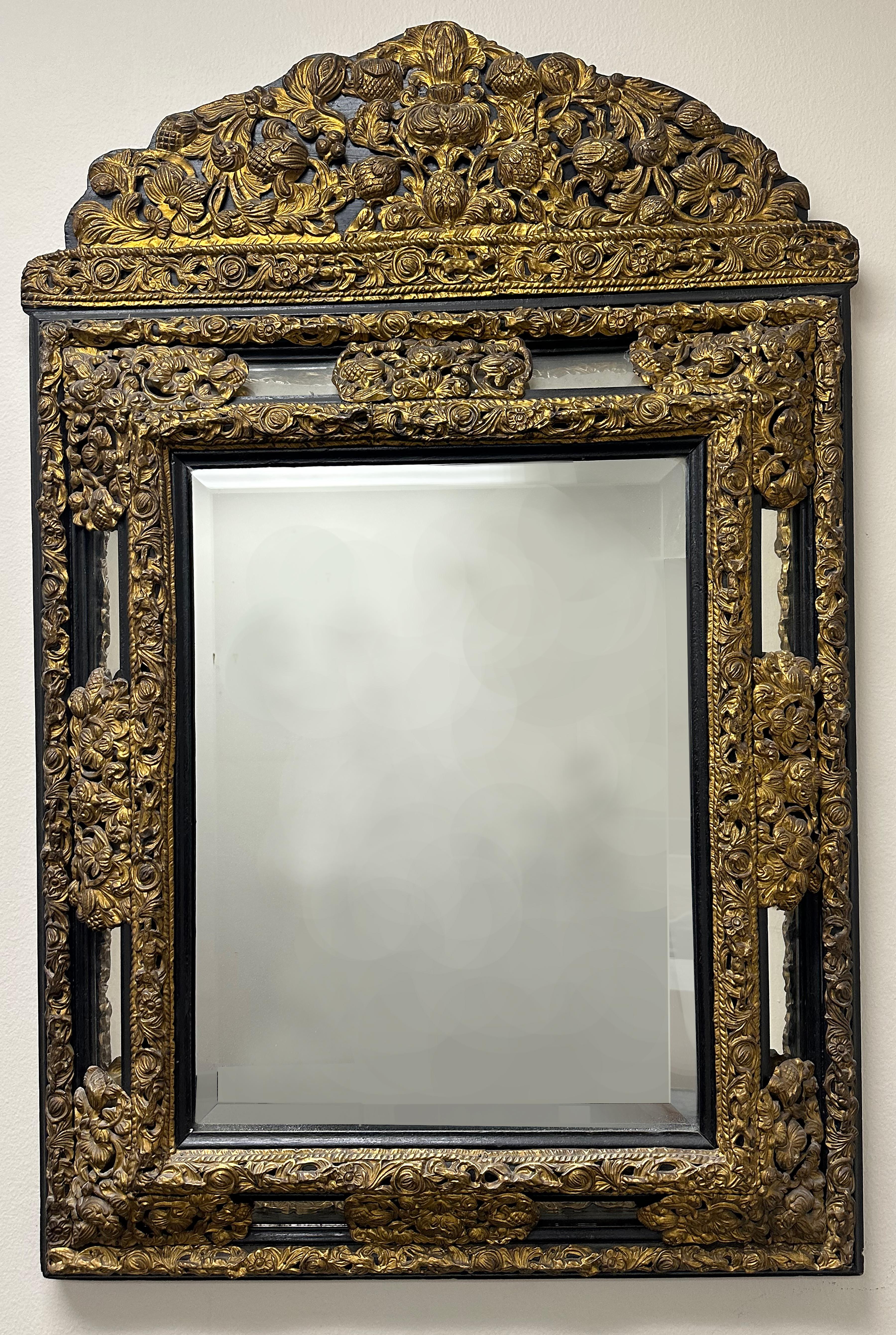 European 19th Century Dutch Embossed Brass and Ebony Mirror For Sale