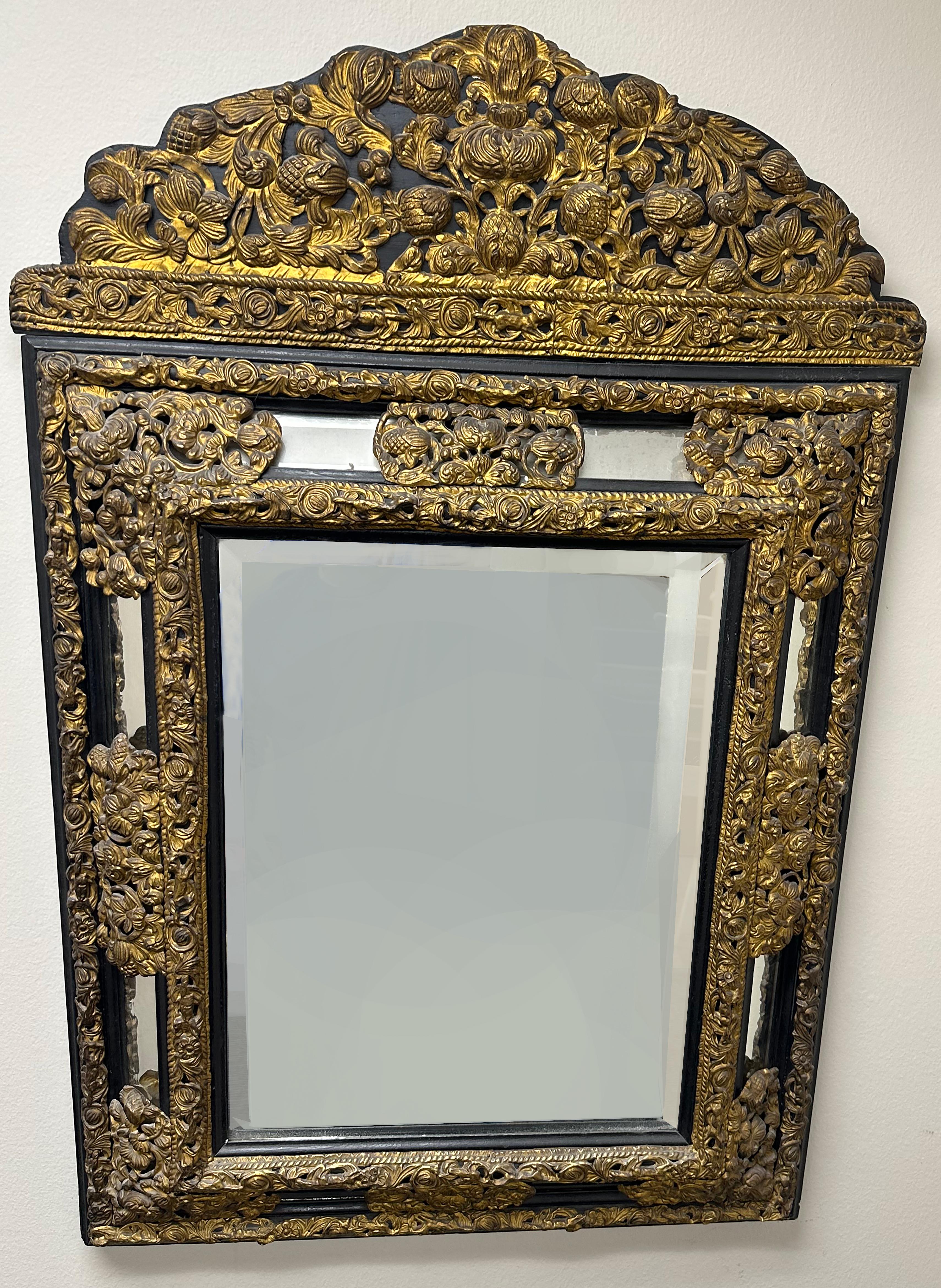19th Century Dutch Embossed Brass and Ebony Mirror In Excellent Condition For Sale In Dallas, TX