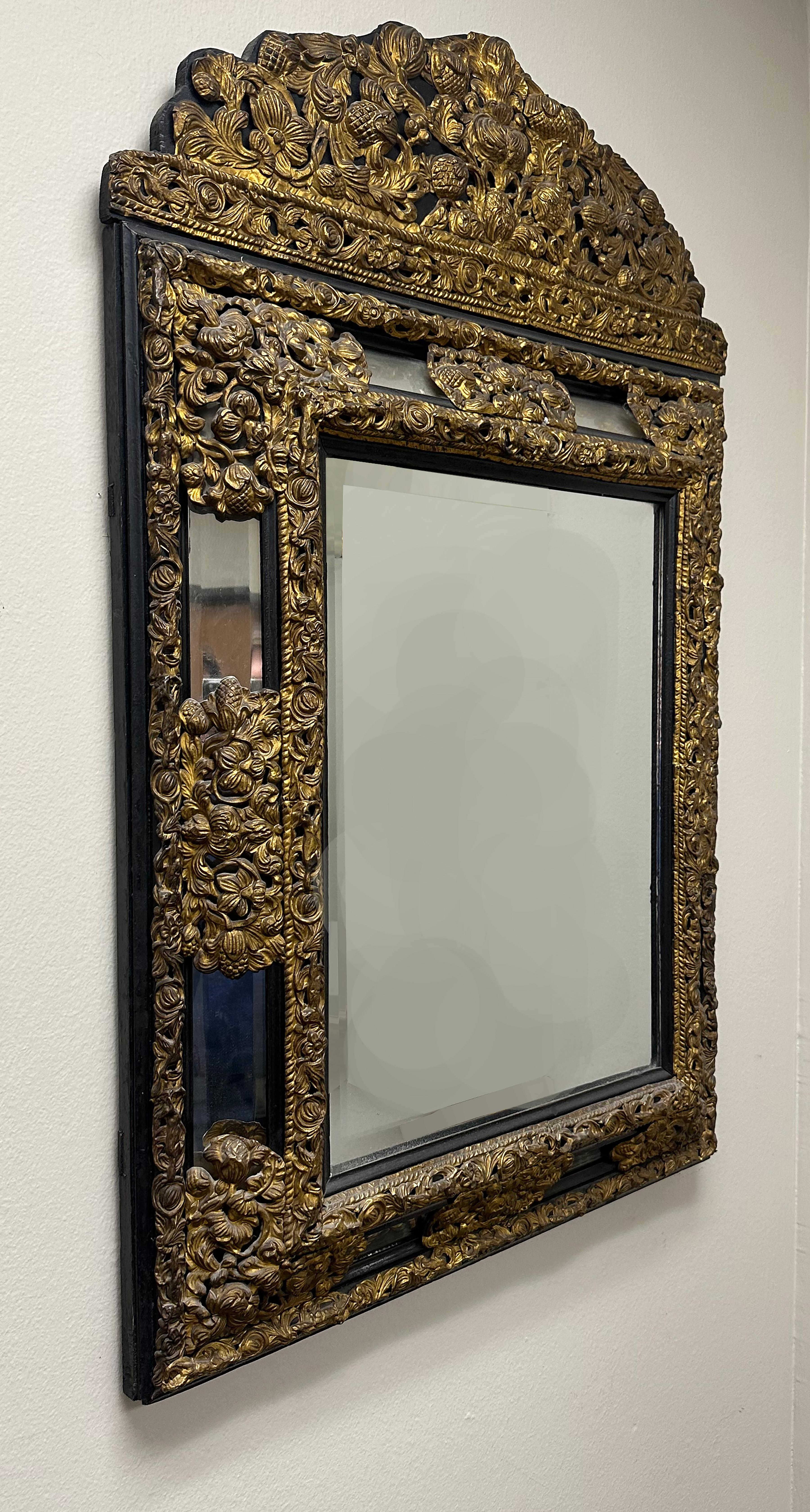 19th Century Dutch Embossed Brass and Ebony Mirror For Sale 1