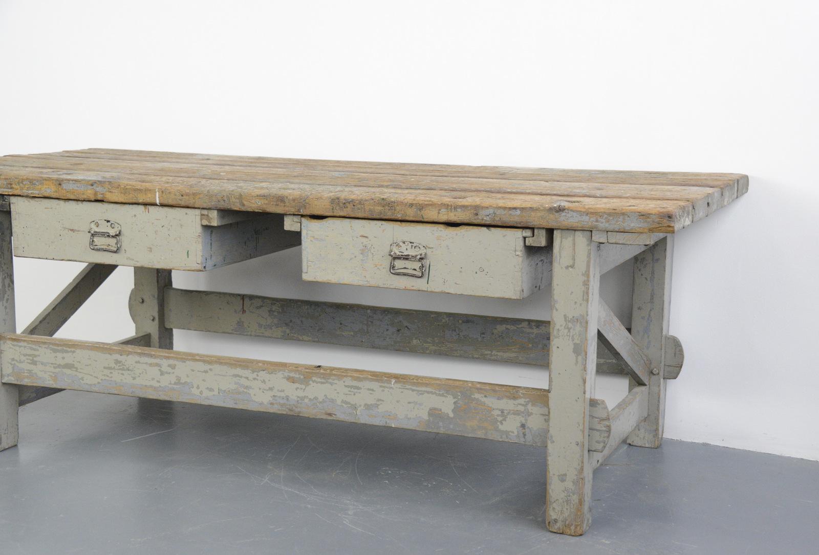 19th century Dutch farm workbench

- Original paint
- Think pitch Pine top
- 2 large drawers with original handles
- Originally used in a farm workshop in Eastern Holland
- Dutch ~ 1880
- Measures: 230cm long x 94cm deep x 83cm