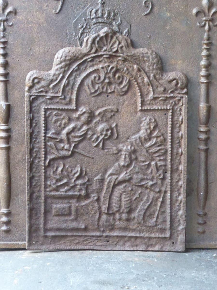 19th Century Dutch fireback depicting a religious theme about David's punishment. 

David ordered a census of Israel and Judah, which displeased God because it reflected David’s pride and lack of trust. After realizing his sin, David was given a