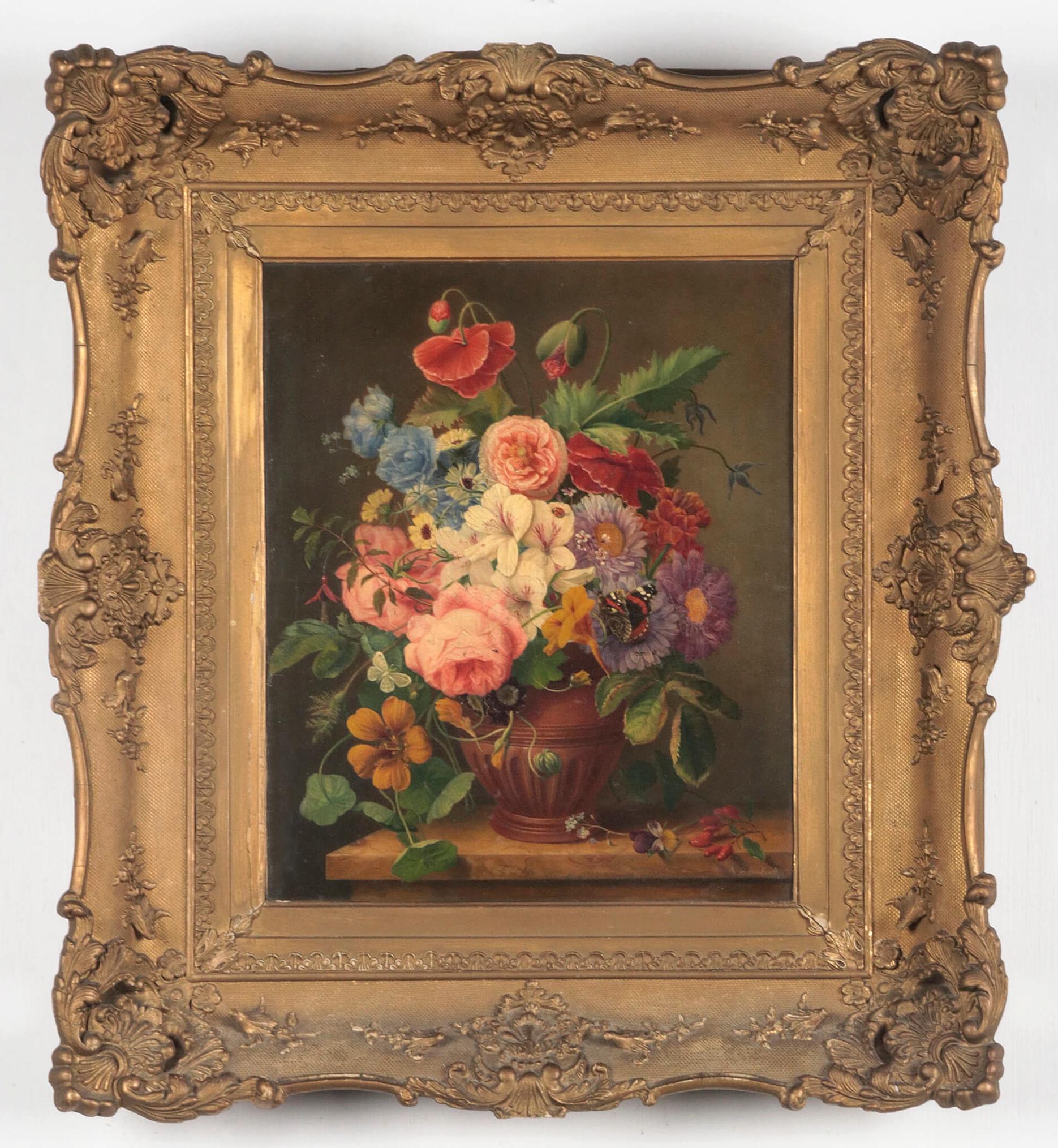 Beautiful painting from the mid-19th century. This beautiful Renaissance style flower still life has beautiful details. Countless flower types are depicted in this painting, showing the artist his knowledge and skills. You can also see many