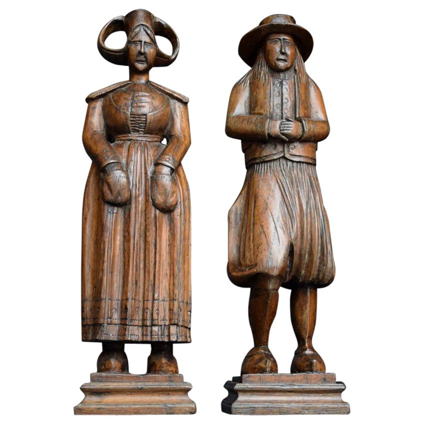 19th Century Dutch Folk Art Pair of Hand Carved Figures