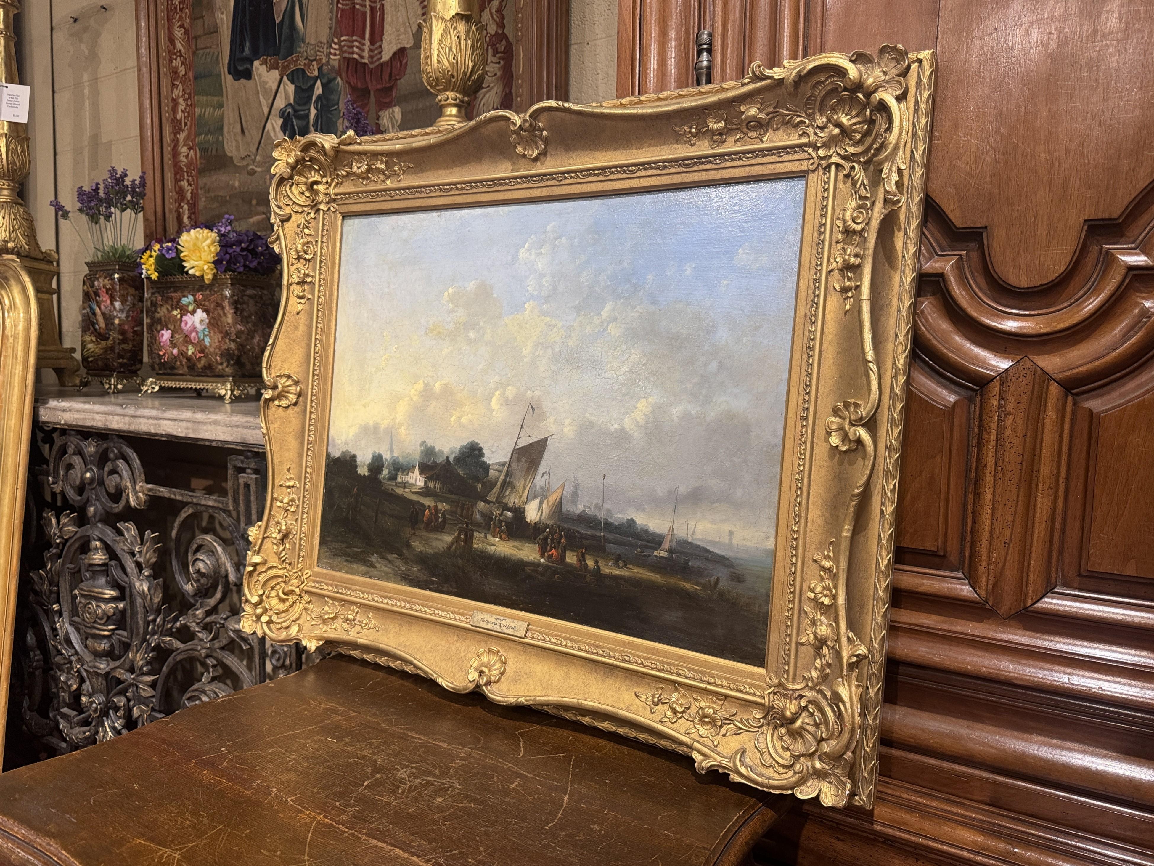 Dekorieren Sie ein Büro oder ein DEN mit diesem antiken Gemälde einer ruhigen maritimen Landschaft. Das um 1895 in Holland geschaffene und in den originalen geschnitzten Goldholzrahmen gefasste große Gemälde wird Herman Willem Koekkoek (1867-1929)