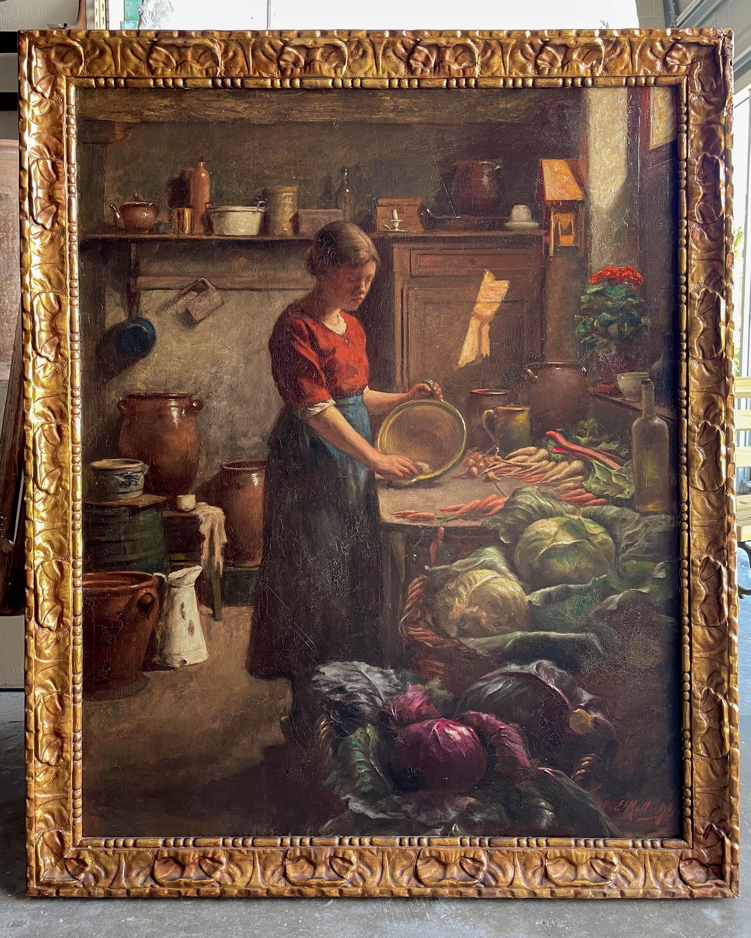 A beautiful 19th Century genre painting in the Dutch style, clearly influenced by Vermeer, with light pouring in from an upper window. Depicting a kitchen maid preparing vegetable on a farm table. Beautiful depiction of various pots, bowls, pitchers