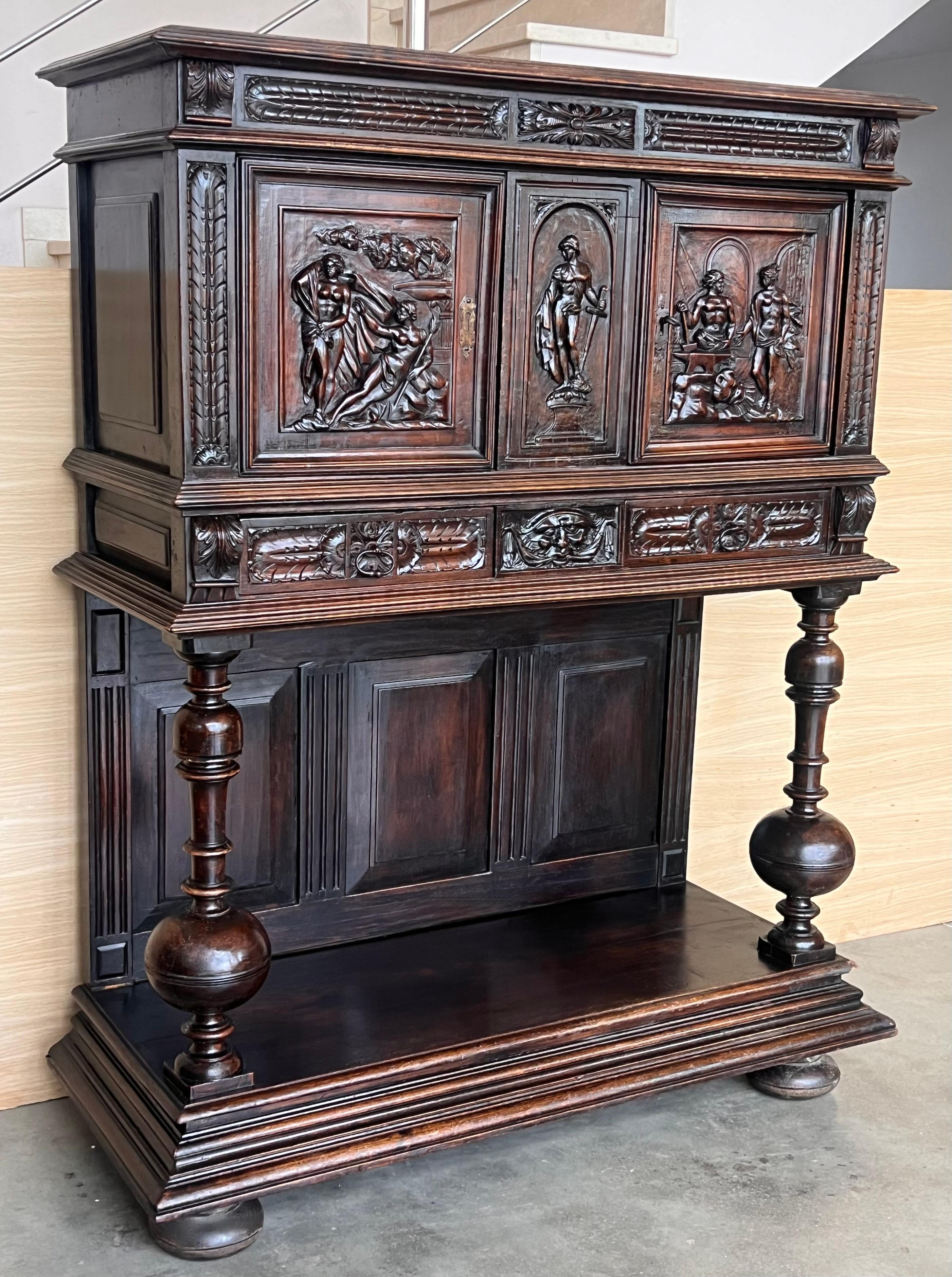 Spanish 19th Century Dutch Hand Carved Renaissance Raised Cabinet For Sale