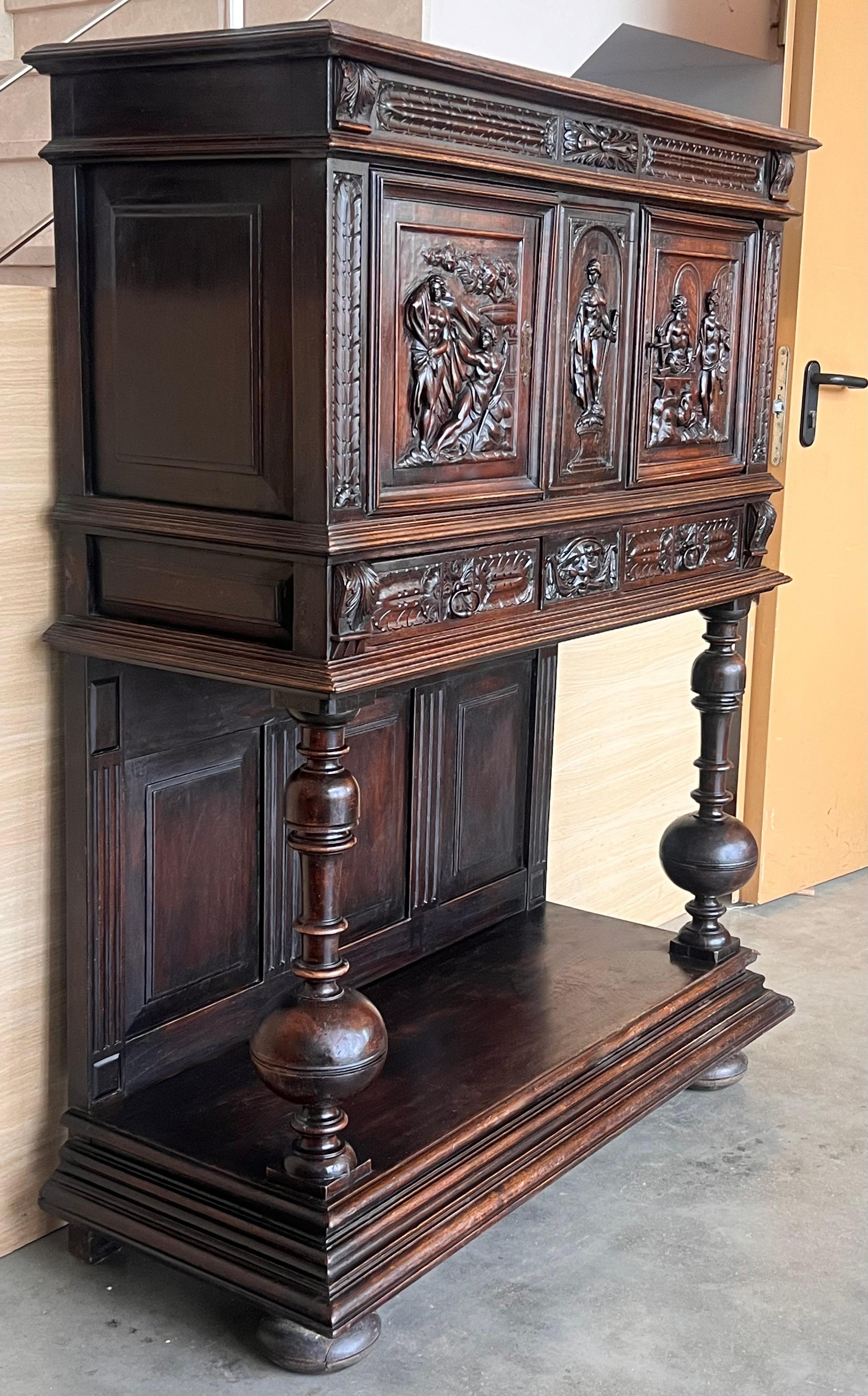 Walnut 19th Century Dutch Hand Carved Renaissance Raised Cabinet For Sale