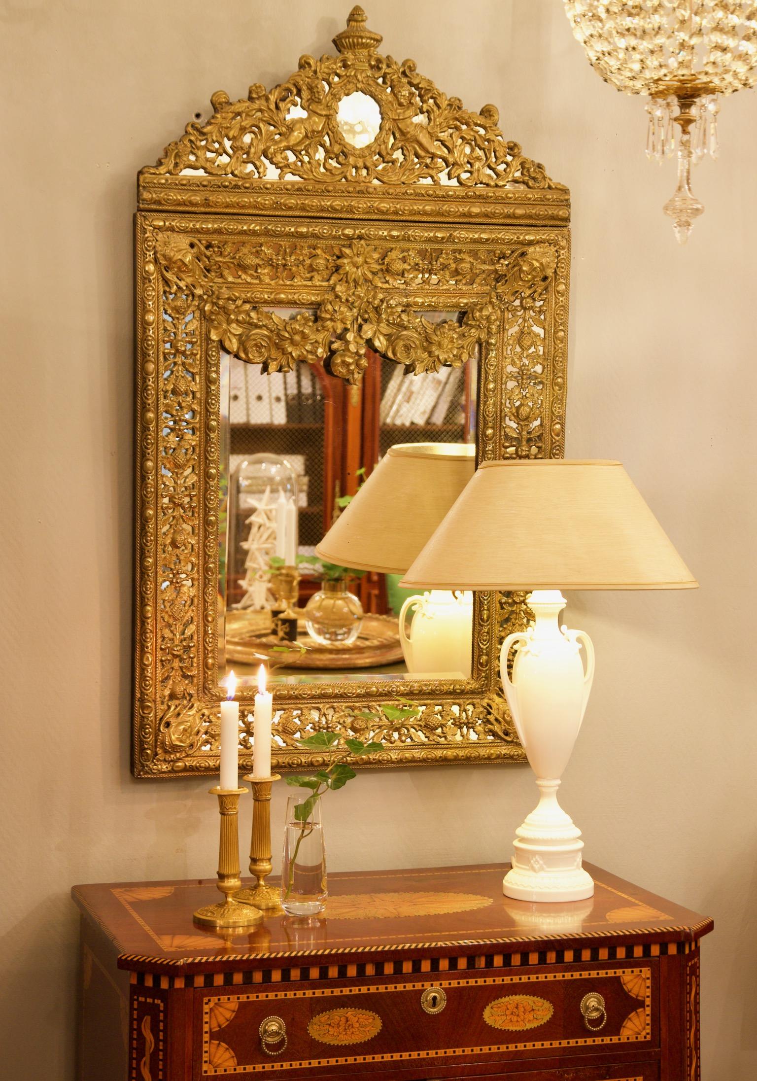 19th Century Dutch Louis XIV Baroque Style Brass Repoussé Wall Mirror For Sale 8