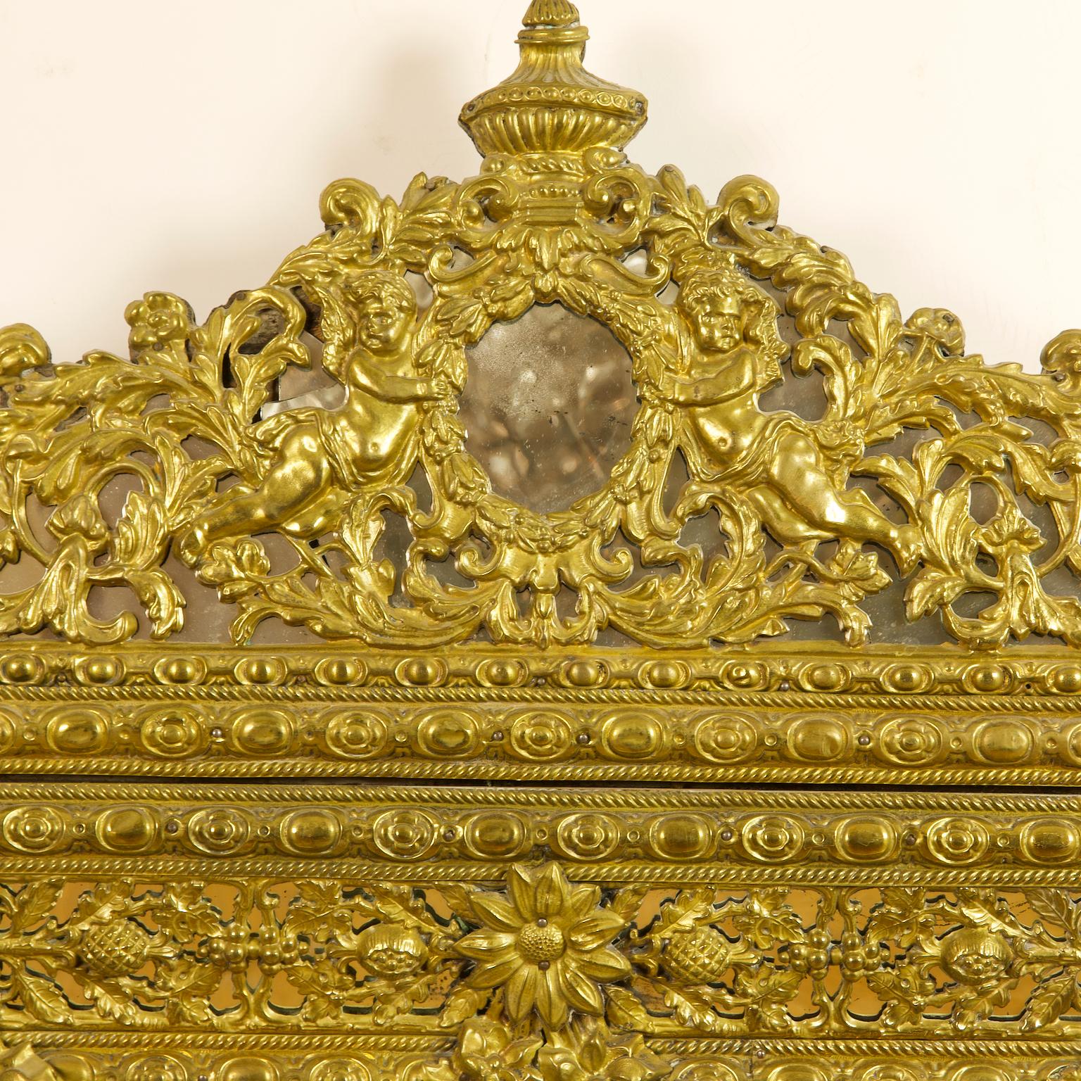 Beveled 19th Century Dutch Louis XIV Baroque Style Brass Repoussé Wall Mirror For Sale