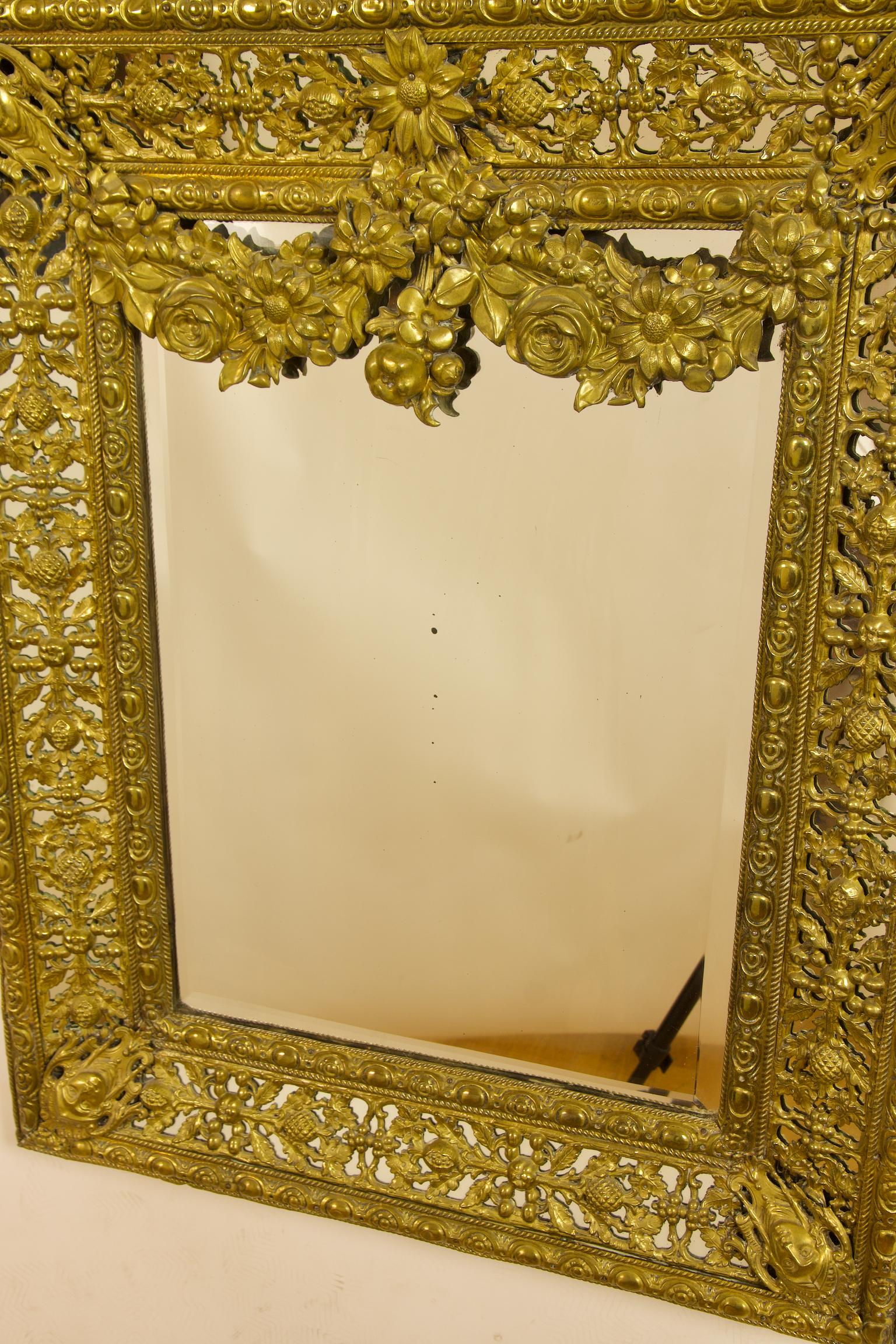 19th Century Dutch Louis XIV Baroque Style Brass Repoussé Wall Mirror For Sale 4