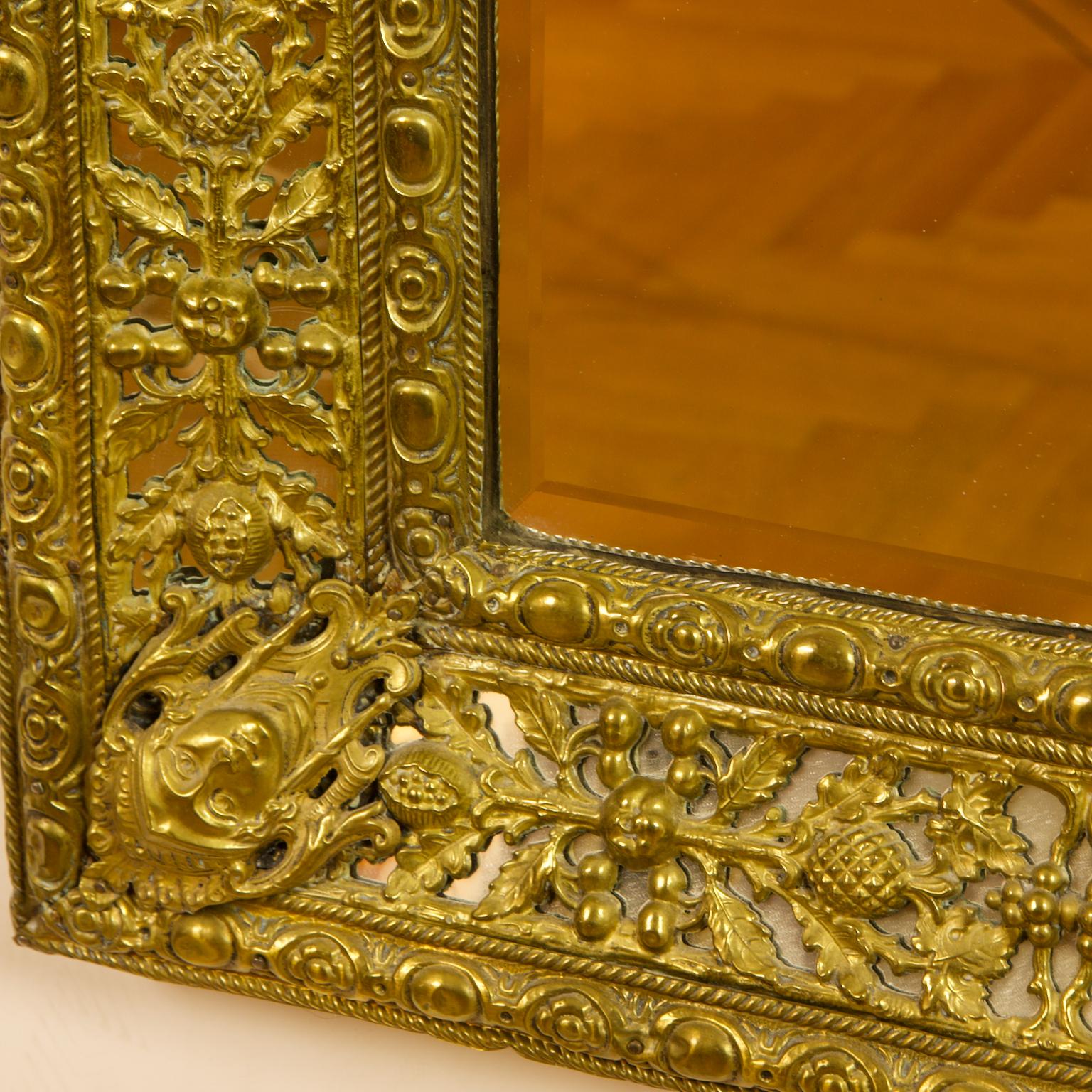 19th Century Dutch Louis XIV Baroque Style Brass Repoussé Wall Mirror For Sale 5