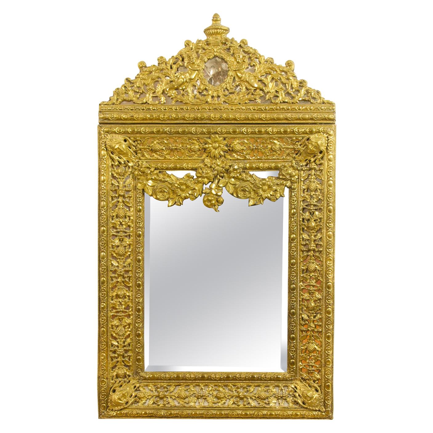 19th Century Dutch Louis XIV Baroque Style Brass Repoussé Wall Mirror