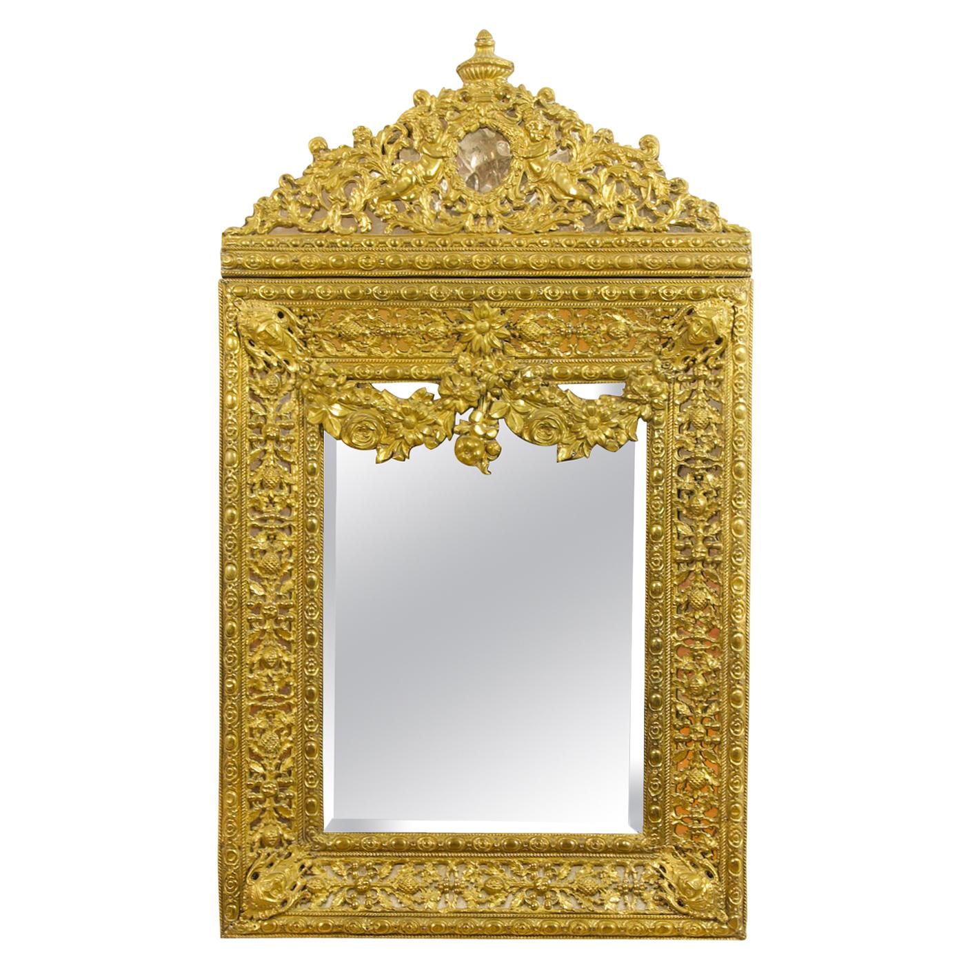 Miroir Mural Repouss en Laiton de Style Baroque Louis XIV du 19ème Siècle Hollandais